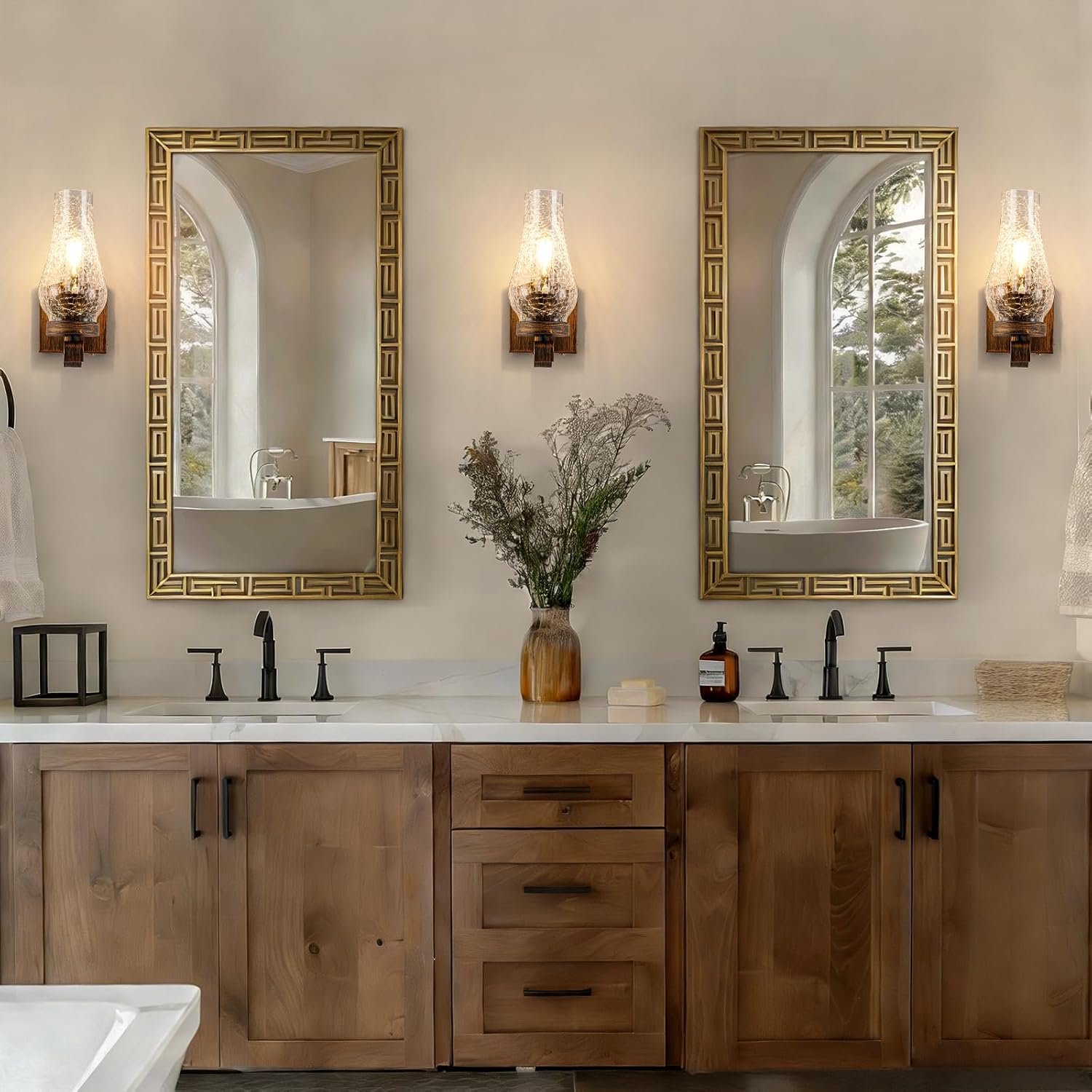 Battery Operated Wall Sconces, Ice Crackle Glass Lampshade Rustic Wall Lights, Non-Hardwired Antique Kerosene Wall Lamps, Vintage Bedside Gold Wall Sconces Sets of 2 for Bedroom, Hallway etc