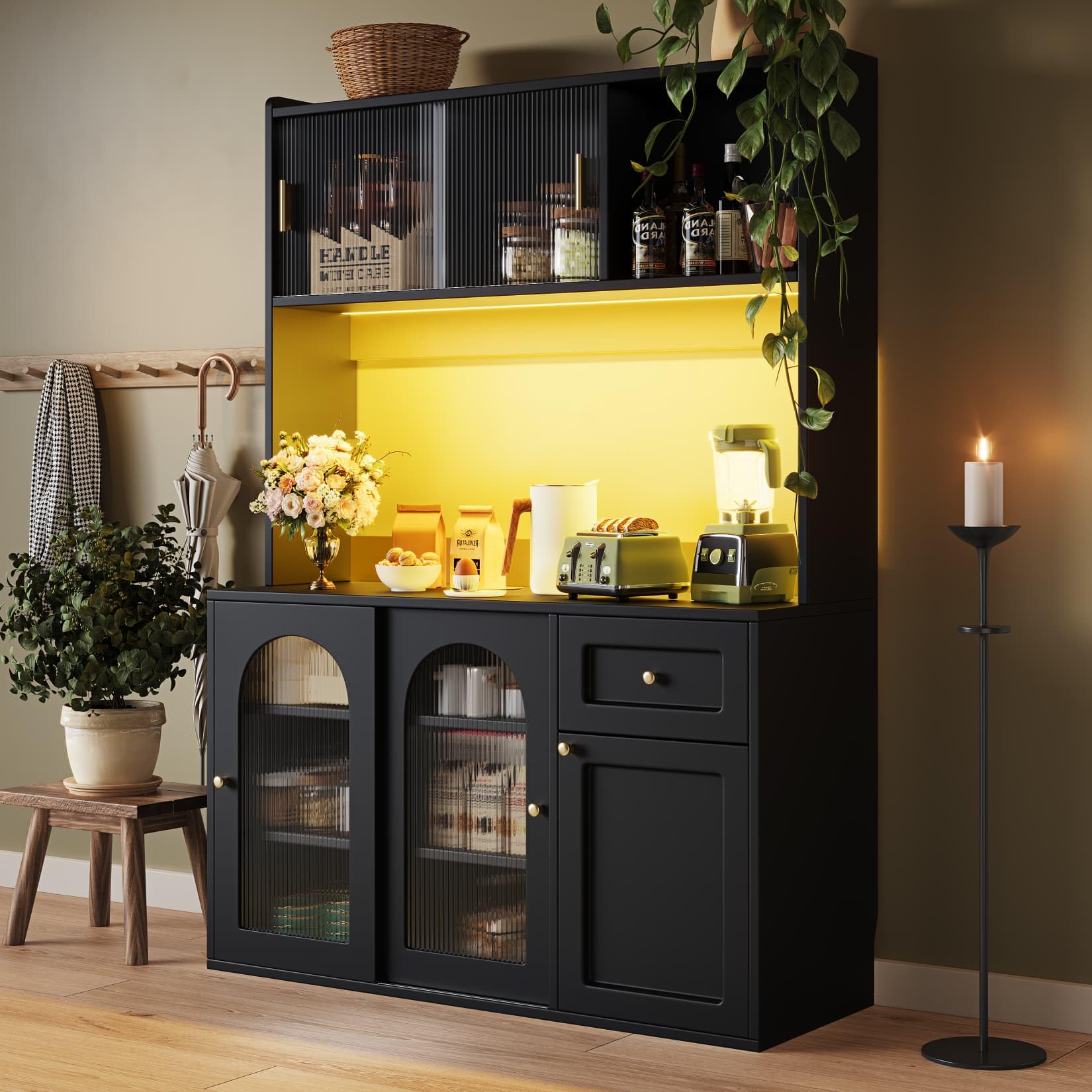 PUGSDRLY Buffet de Cuisine avec éclairage LED,Vitrine,Meuble de Rangement avec étagères réglables et Porte coulissante en Verre,Buffet Haut pour Cuisine,Salon et Salles à Manger,120x35x167cm (Noir-C)