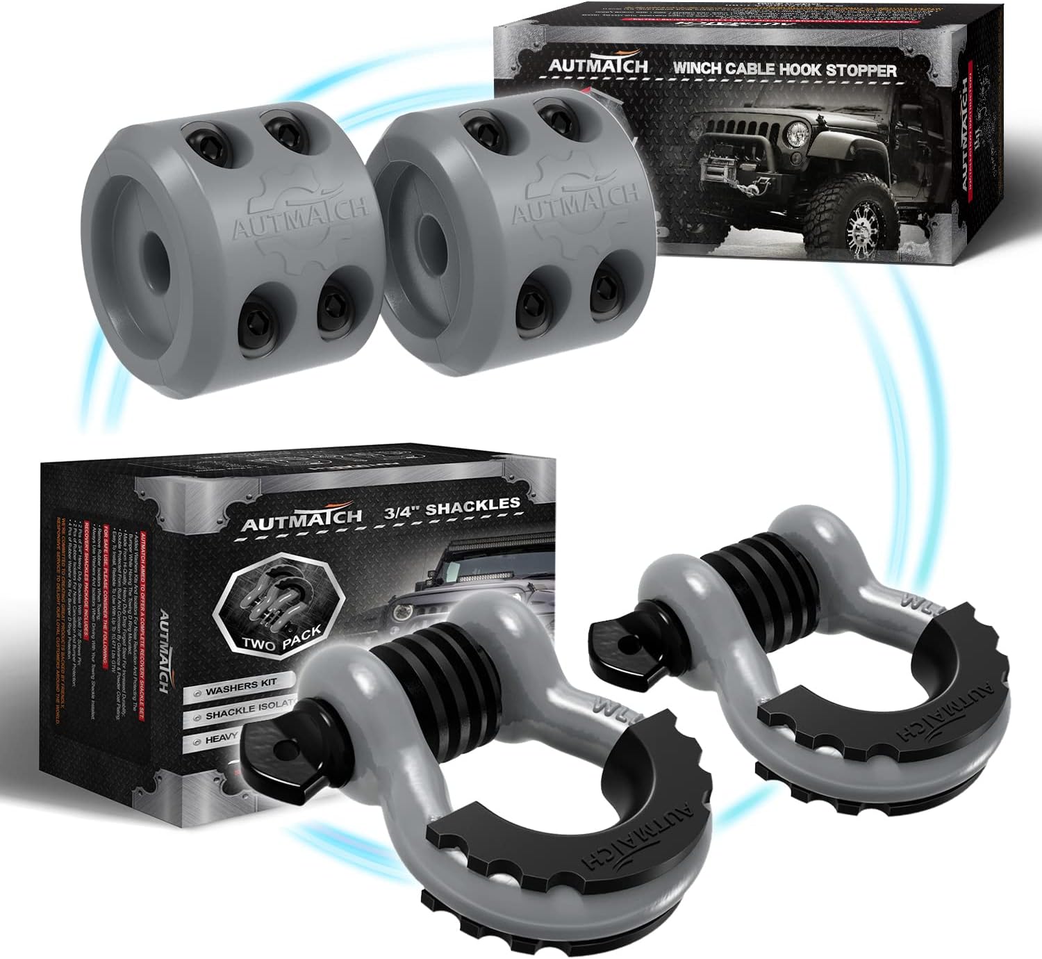 AUTMATCH 3/4" D Ring Shackle with Shackle Isolator & Washers Kit, Winch Cable Hook Stopper and Silicone Rubber Shock Absorbent Winch Stopper for Jeep Tow Strap Winch Off Road Vehicle Recovery, Gray