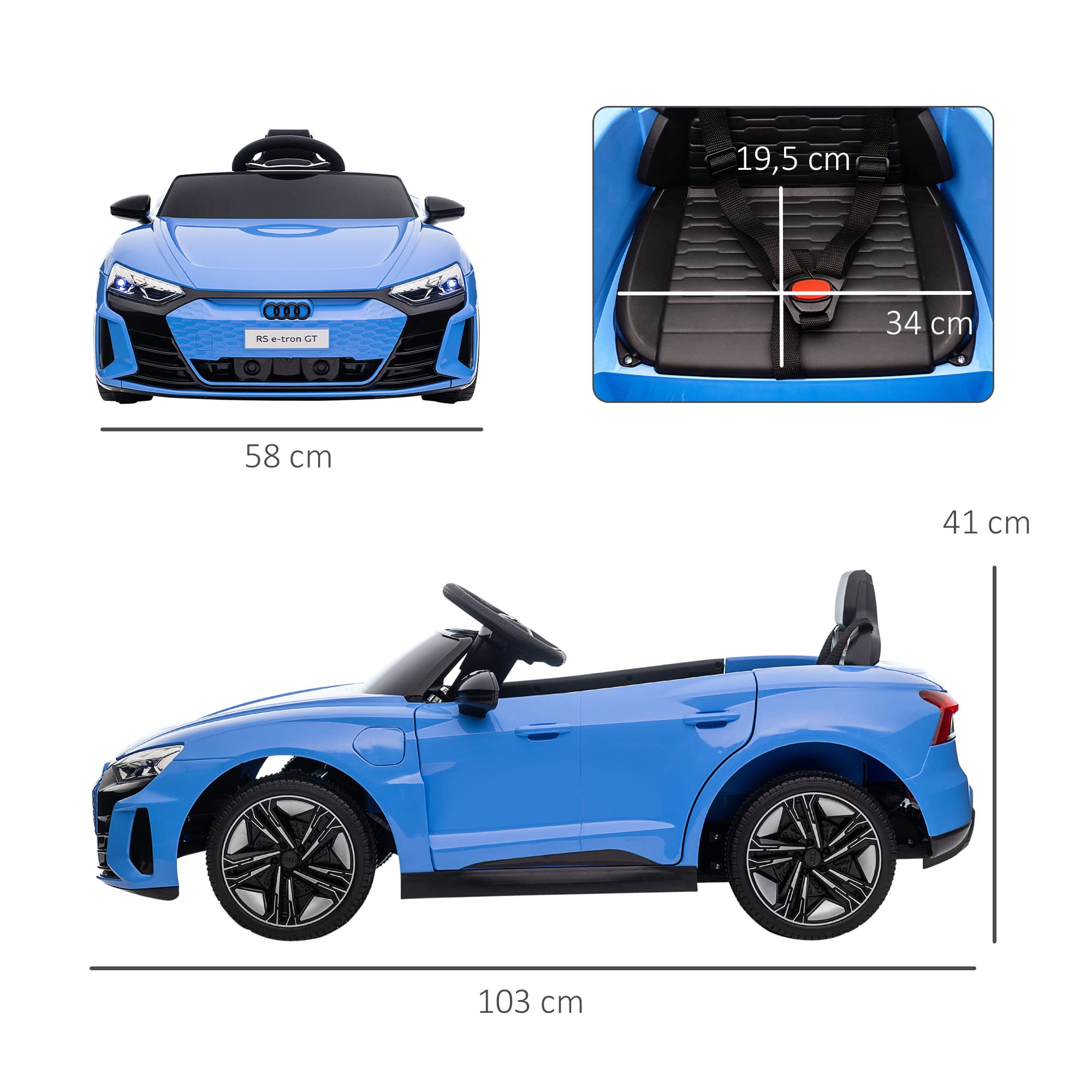 HOMCOM Coche Eléctrico para Niños de +3 Años Audi RS e-Tron GT Coche de Batería 12V con Mando a Distancia Faros LED Bocina Música USB y Apertura de Puerta 3-5 km/h Azul