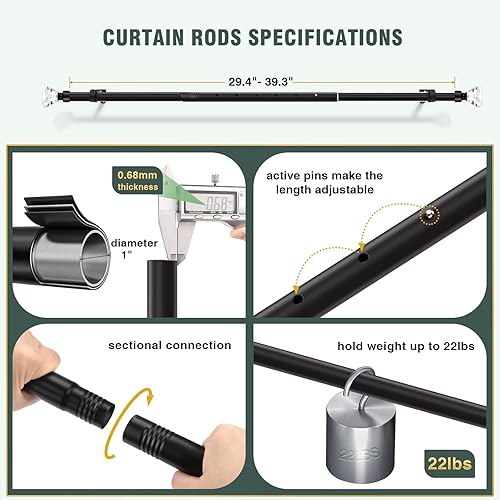 Miniatura 3 de Paquete de 1 Barras para Cortinas para Ventanas de 30 a 40 Pulgadas (2.5-3.3 Pies), Barra de Ventana Individual Ajustable de 1 Pulgada de Diámetro,