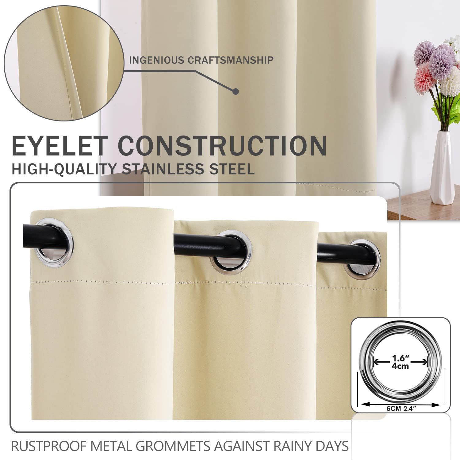 Outdoor Vorhang Blickdicht Wasserdicht Wetterfest Blackout Outdoorvorhänge mit ösen, Sichtschutz Sonnenschutz Gardine/Vorhänge for Patio Balkon Pavillon,Beige,1 Stück|155x213CM(BxH)