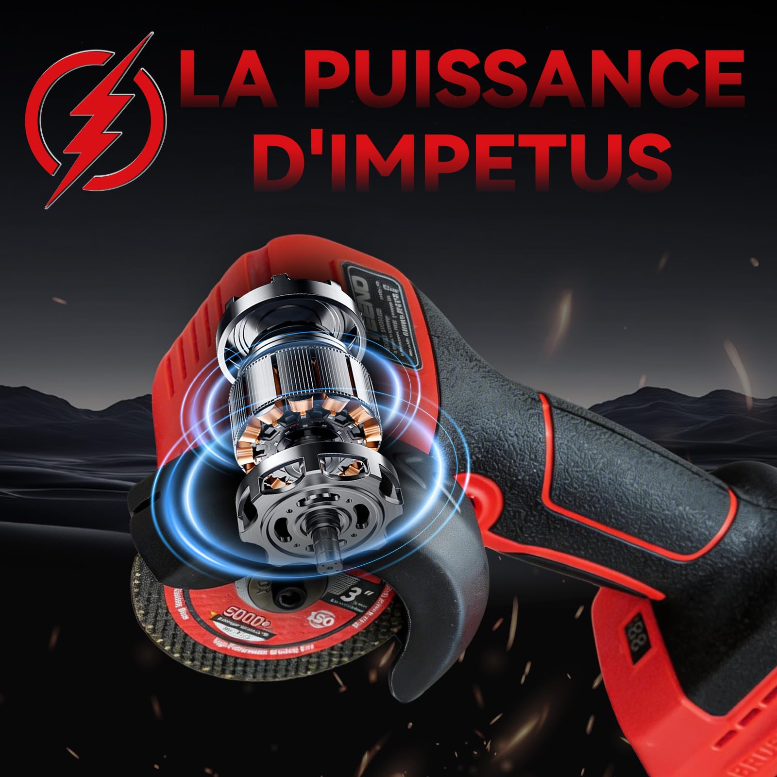 Meuleuse d'angle TEENO 21 V à balais, 19 500 tr/min, équipée de 2 batteries de 2 000 mAh et de 6 disques abrasifs, outil électrique de découpe adapté au métal, au bois et au carrelage