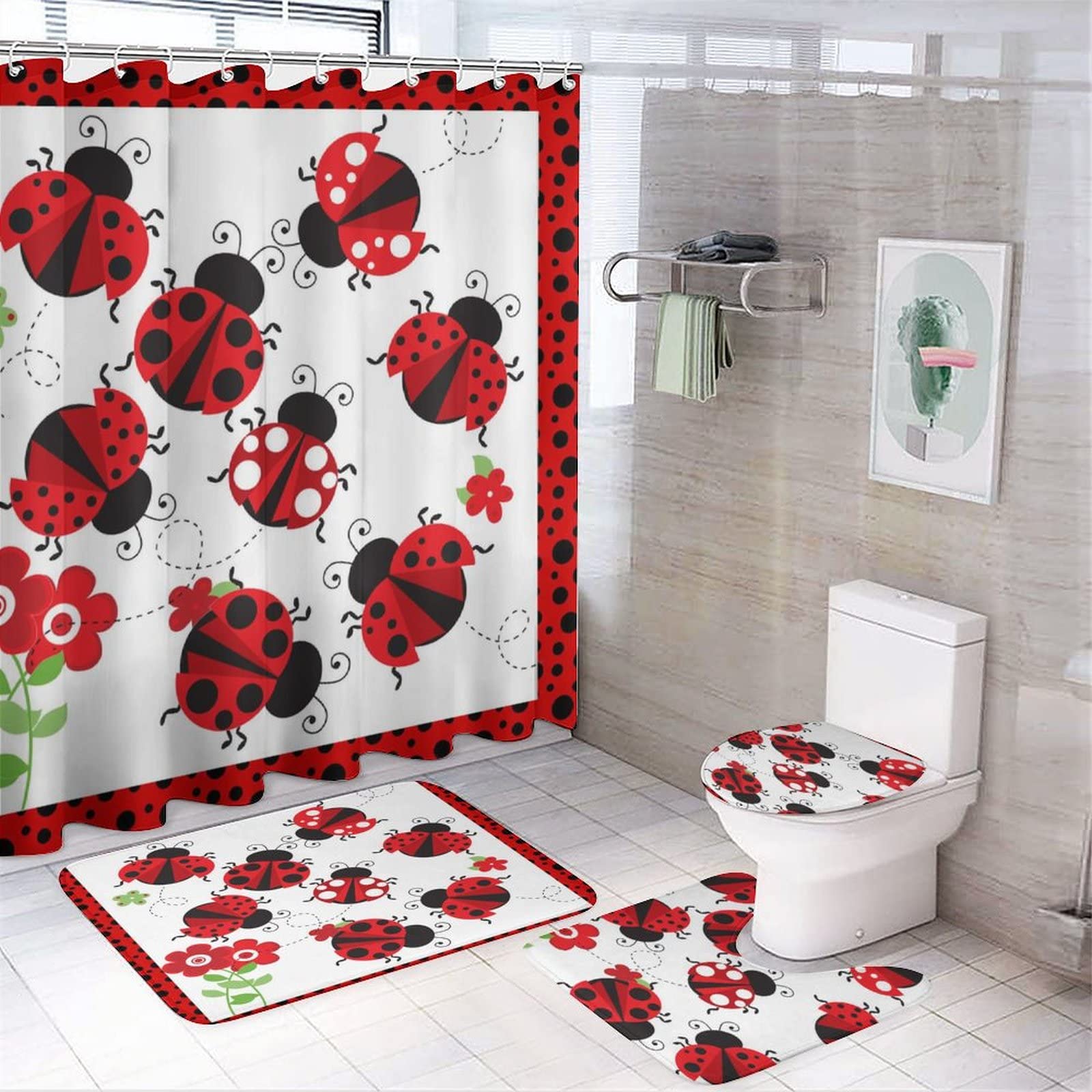 Cartoon Red&Black Ladybug Shower Curtain Sets with Rugs 4 Piece Accessories Bathroom Curtains Shower Set Include Shower Curtain Non-Slip Rug Toilet Lid Cover Bath Mat One Size