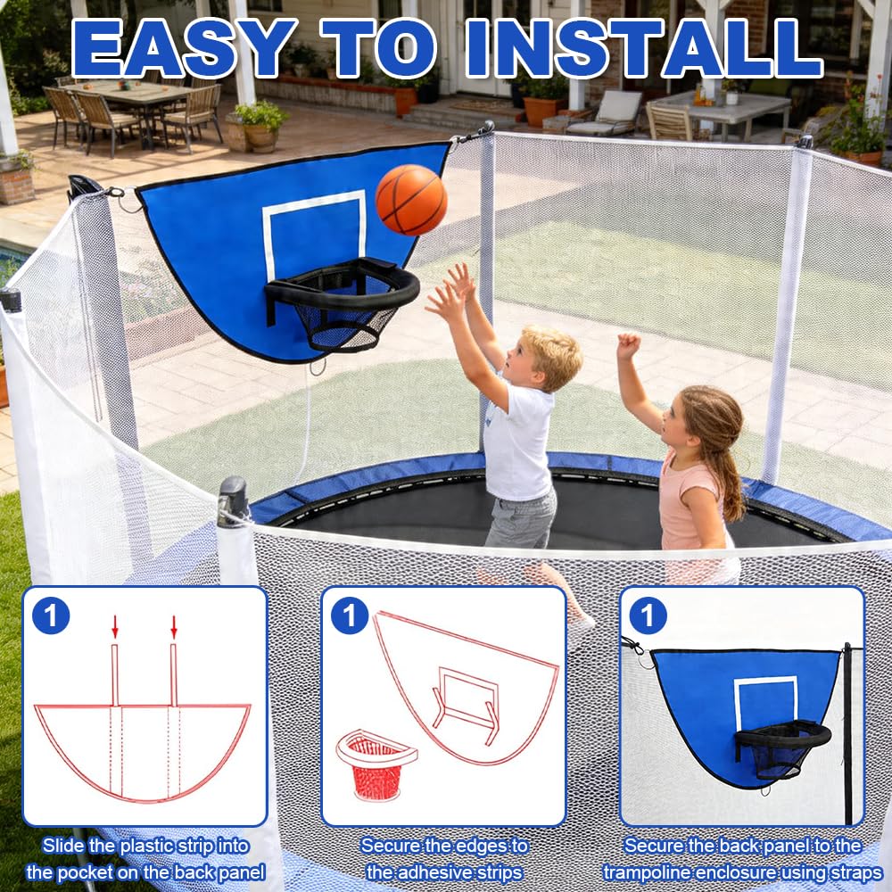 Trampolin Basketballkorb, 98 * 50cm Basketballkorb für Trampolin mit 4 Mini Aufblasbare Basketbällen, Basketball Korb für Trampolin, Trampolin Zubehör für Innen und Außenbereich (Blau)