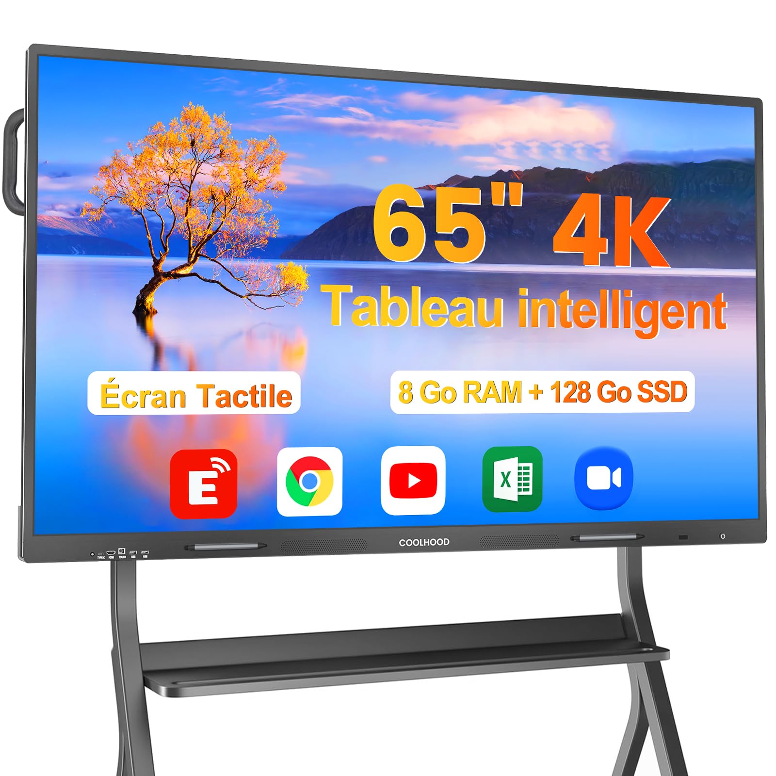 Tableau Blanc Interactif 65" 4K UHD, Écran Tactile Intelligent Tout-en-Un avec Android 13 et 128 Go, Ecosystem, Wi-Fi & Bluetooth pour Bureau, École, Entreprise(Tableau & Support Mural Uniquement)