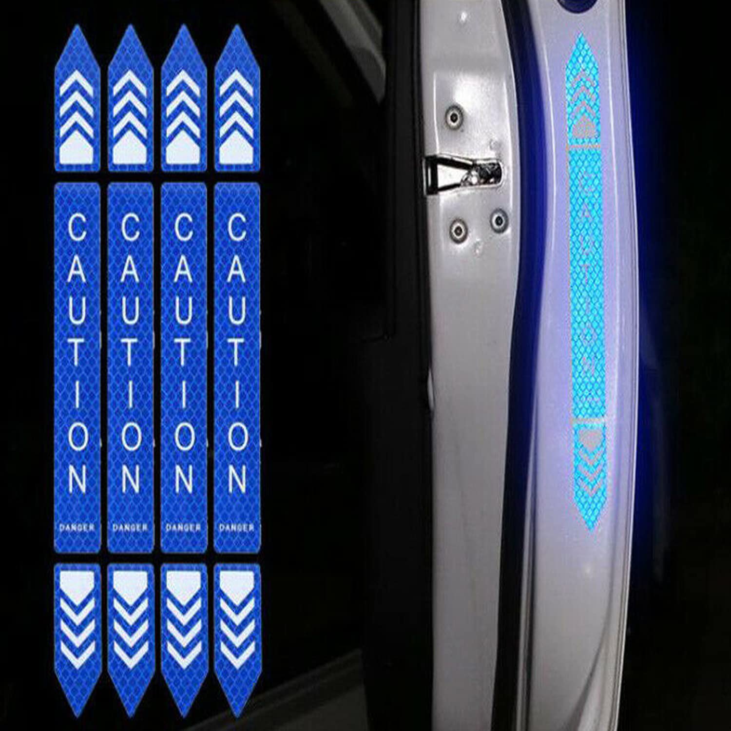 (Blue) 4 Pcs Car-Styling Caution Tap Car Door Stickers Warning Mark Reflective Tape Sign Safety Reflective Strip Light Auto Accessories Compatible with Q-3