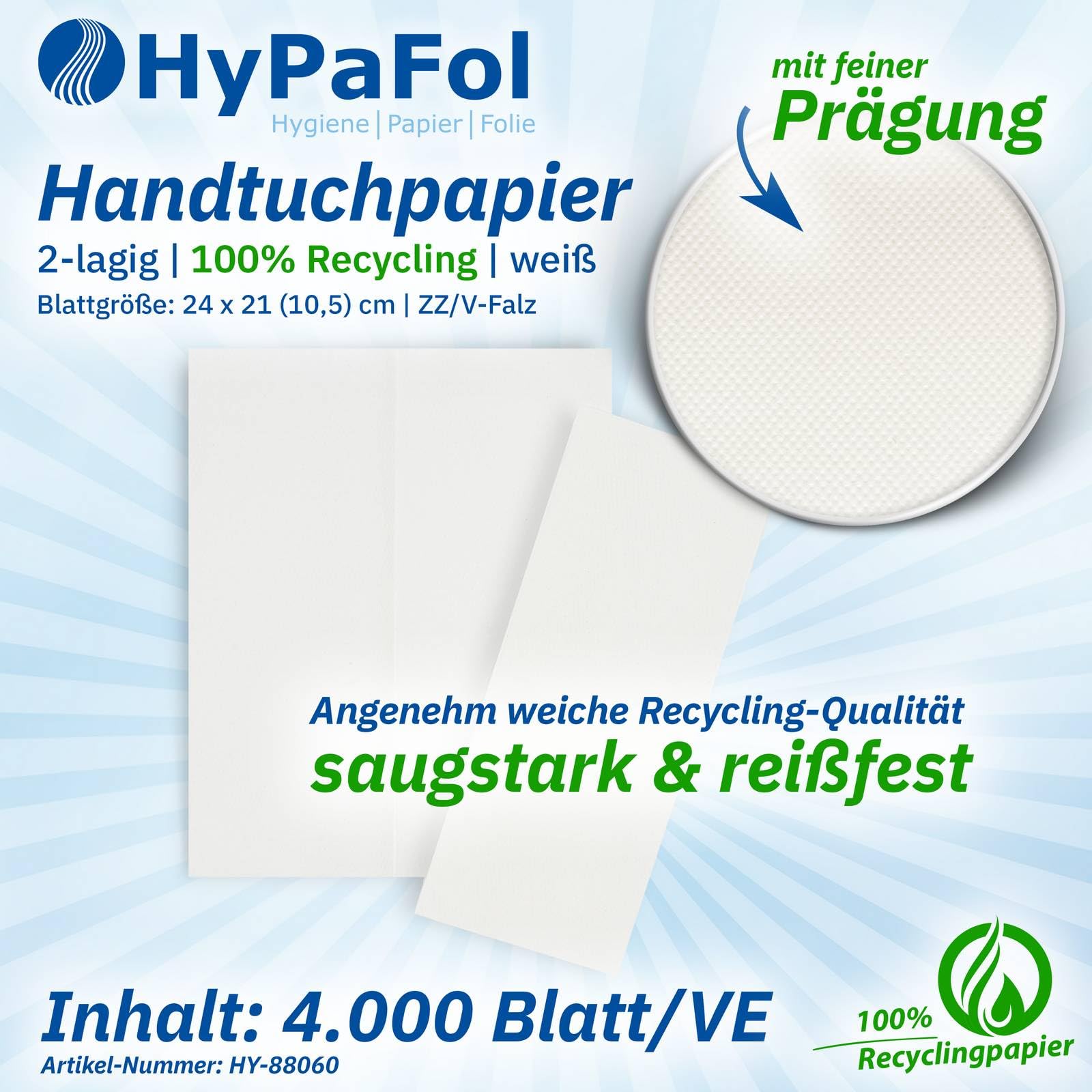 Hypafol Papierhandtücher 4000 Blatt | weiß | 2-lagig, 24x21 cm | praktischer V-Falz für Handtuchspender in Toiletten, Büros, Praxen & Studios