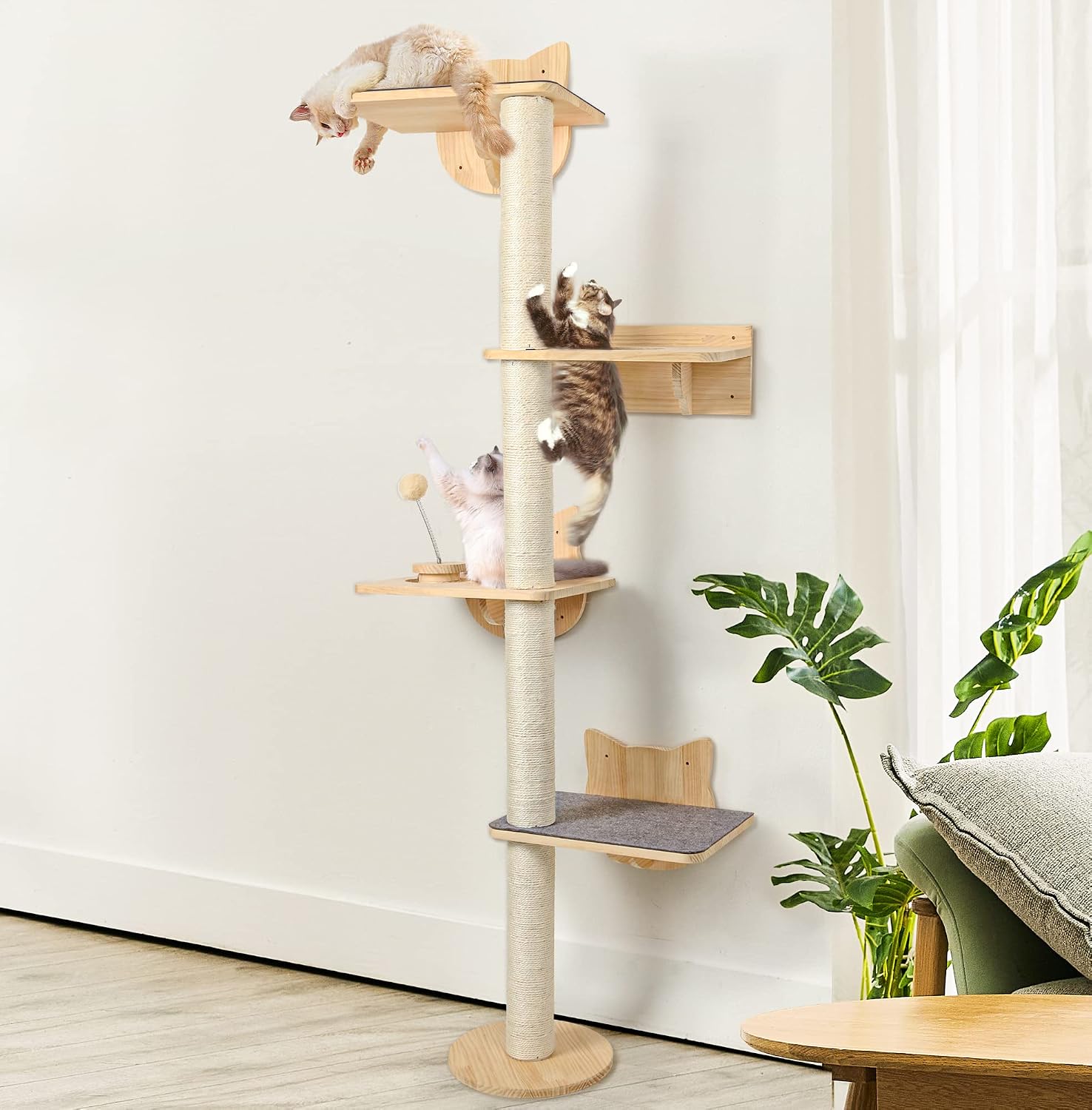 4 Tier 63 Inch Tall Wall Mounted Cat Furniture with 2pcs Non-Slip Carpet, Sisal Scratching Post and Cat Shelves Perch with Wood Track…