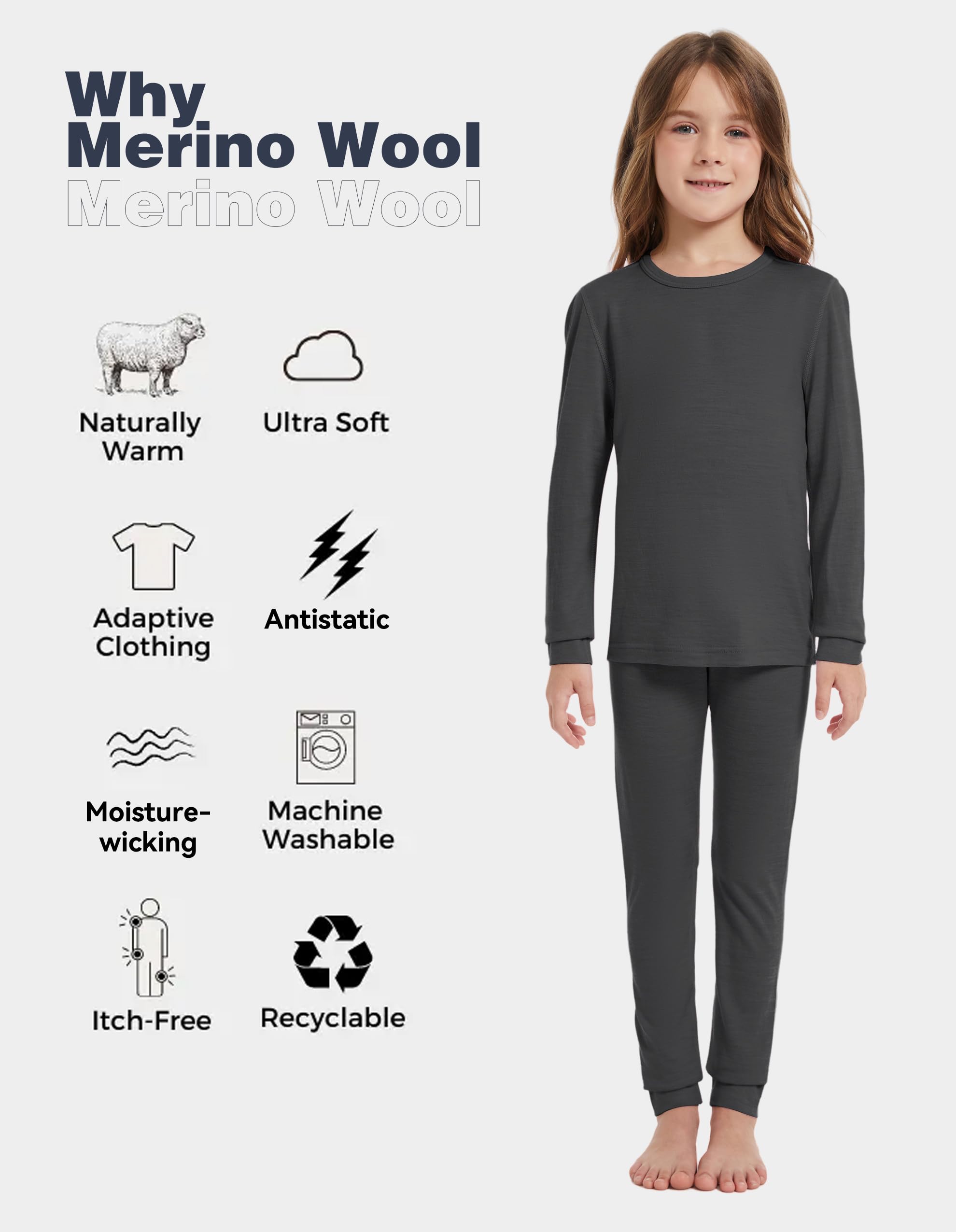 Thermounterwäsche Kinder Unisex, 100 % Merinowolle Set für Jungen & Mädchen, Skiunterwäsche Winter, Warm & Bequem