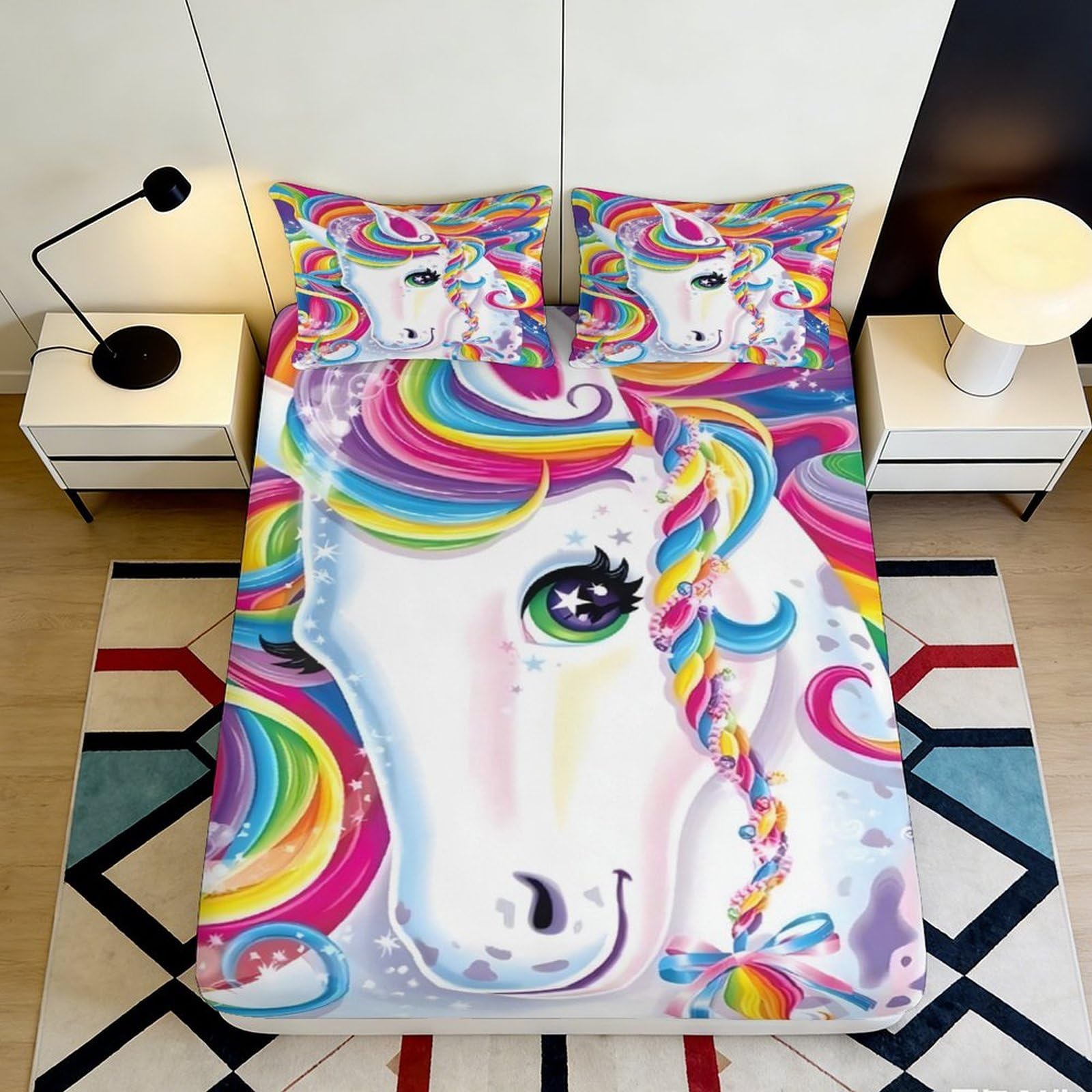 3D Printed Rainbow Unicorn Fitted Sheet Microfiber Bright Cartoon Bed Cover for Bedroom Guest Room Mattress Protection 90x200x25cm