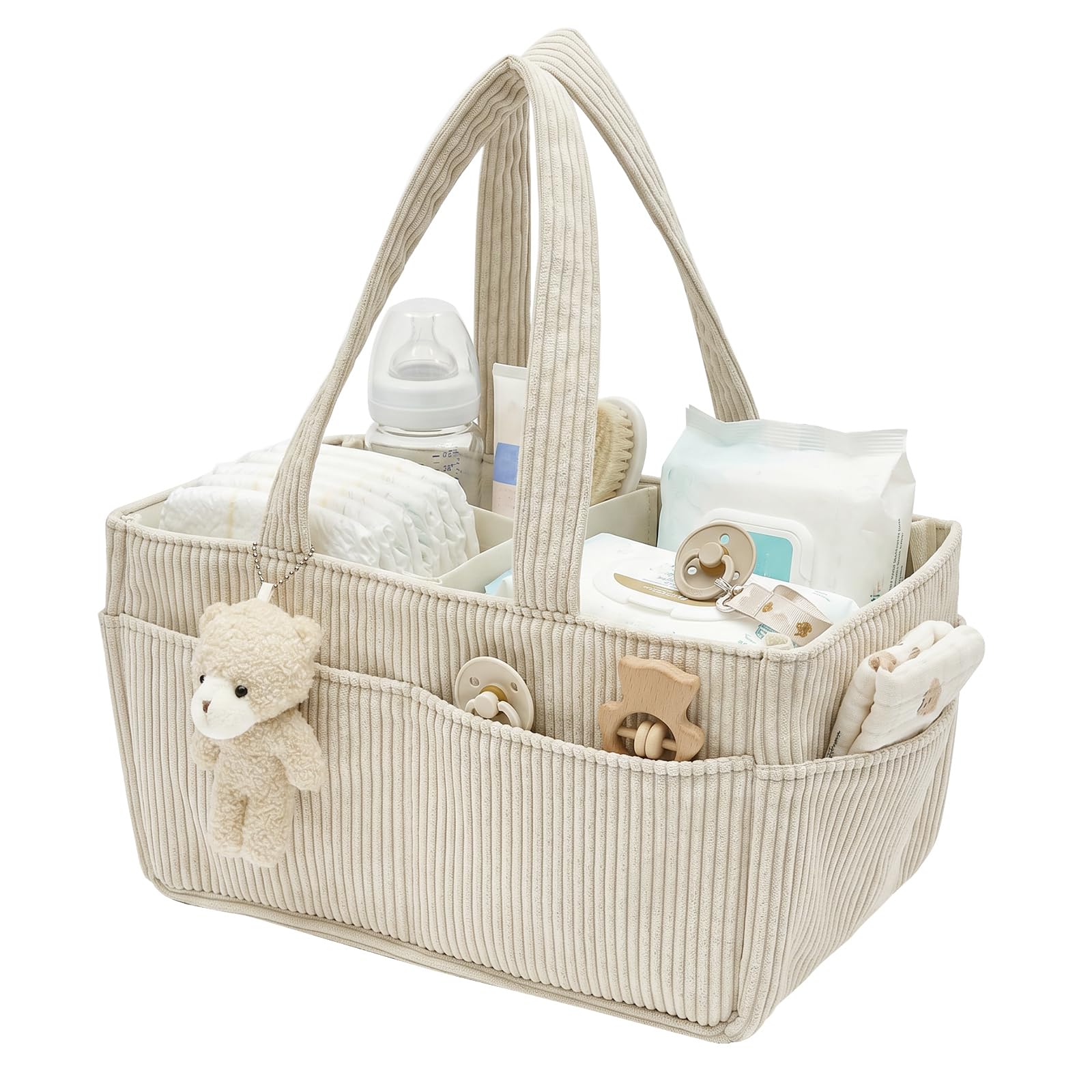 Corduroy Nappy Caddy Organiser, Nursery Storage Basket with Bear Pendant