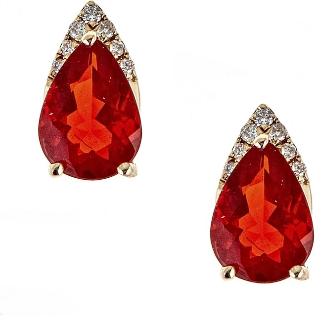 Gin & Grace 14K Yellow Gold Mexican Natural Fire Opal & Natural Diamond (I1,I2) Stud Earring for Women
