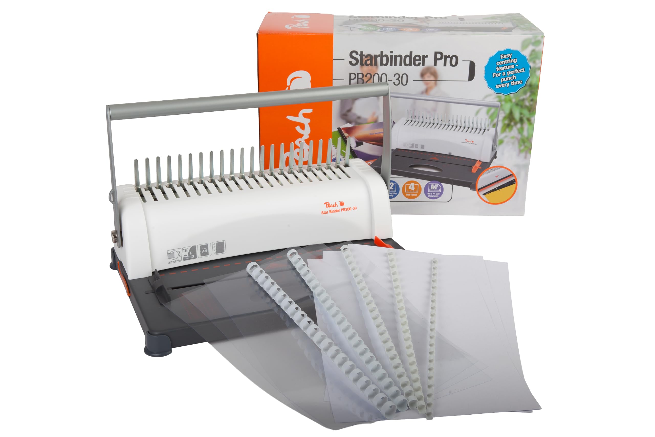 Peach PB200-30A - Rilegatrice in plastica Star Binder Pro, per DIN A4, rilega 350 fogli, spirali di rilegatura da 38 mm max., capacità di perforazione 12 fogli, con set iniziale