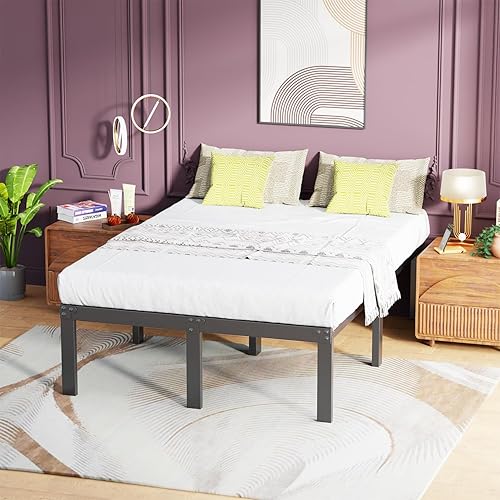 Miniatura 4 de Base de cama de metal con plataforma de cama de 18 pulgadas de alto, no necesita somier, listones de acero resistente, sin ruido, fácil montaje