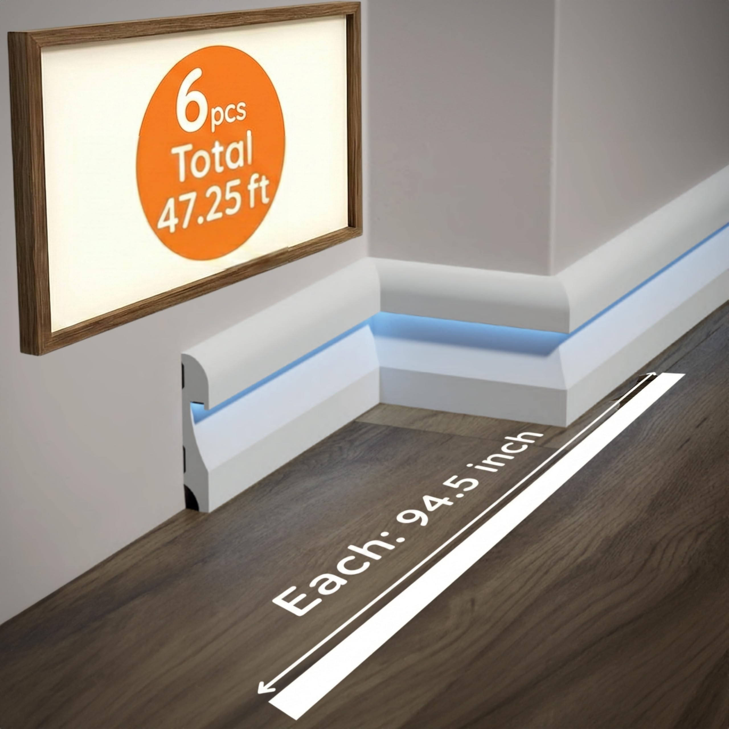Photo 1 of 6-Piece 94.5? (47.25 ft) LED Baseboard & Crown Molding with Duct Kit for Seamless Ambient Home Accent Lighting | Waterproof Channel for Easy LED Strip Installation (Baseboard Molding | ASL-002-A)
