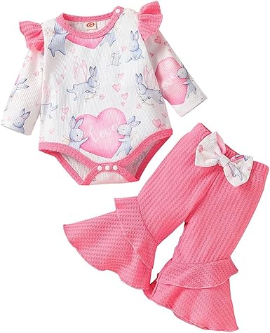 Amazon Com Toddler Kids Girls Long Sleeve Easter Cartoon Rabbit Printed Romper Bodysuit Ruffles Flare Pants Outfits Clothing Shoes Jewelry