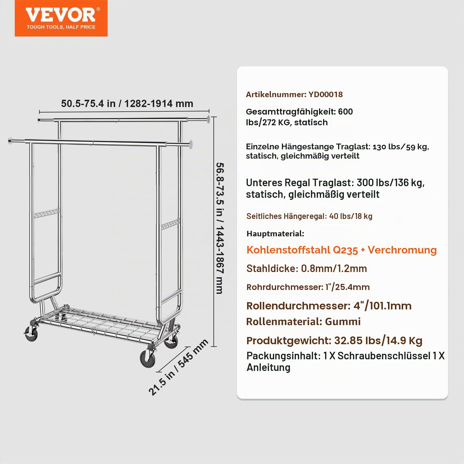 VEVOR Rollbarer Kleiderständer Garderobenständer 2 Kleiderstangen, Einstellbar 1282–1914 mm / 1443–1867 mm (L/H), Freistehender Stahl Kleiderständer 59 + 136 kg Belastbar, Strapazierfähig Silber