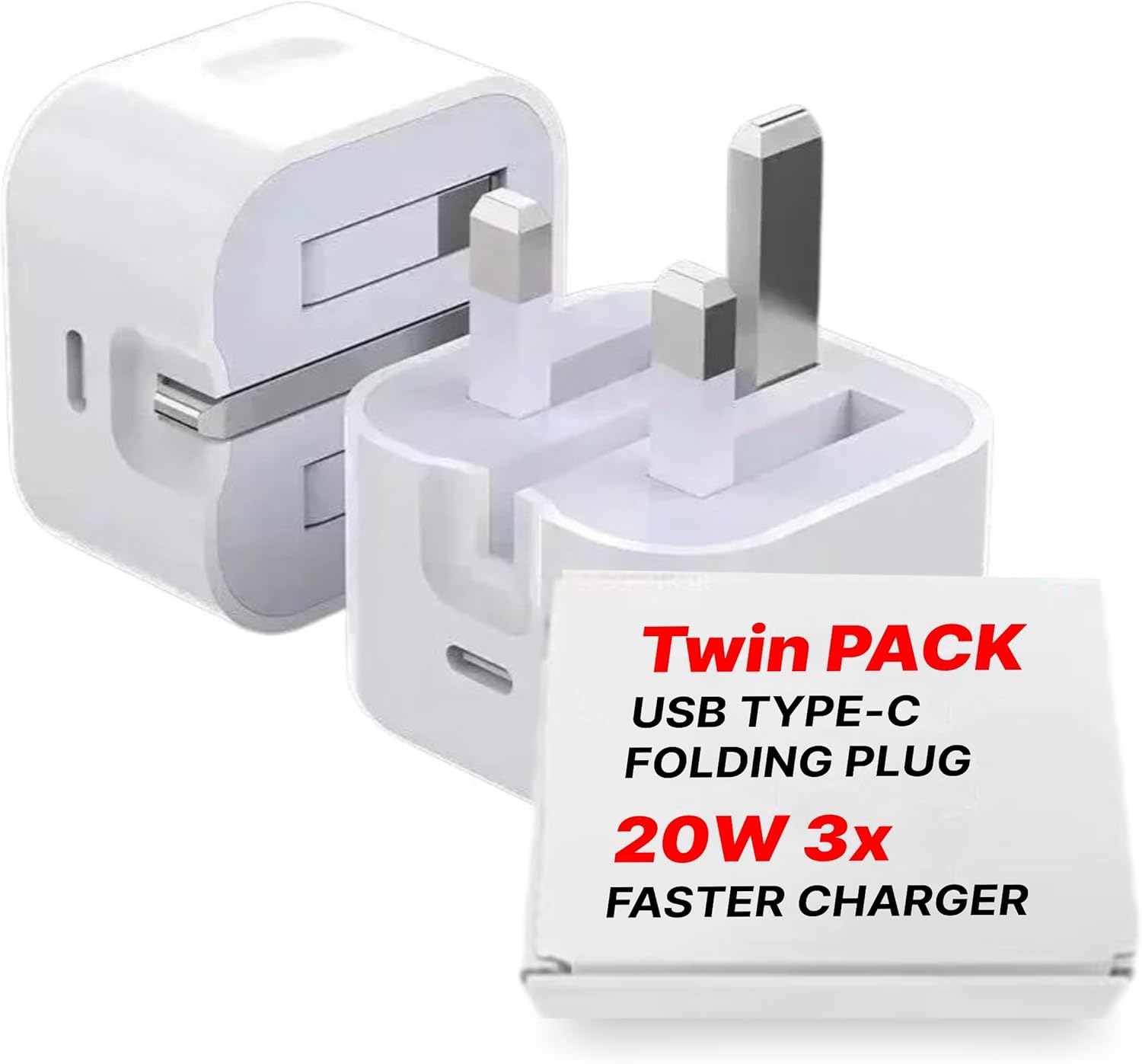 2 Pack USB C Adapter Plug UK 20W PD For All Phones Foldable Fast Charger, Twin Pack Folding USB Type C Charger MFI Certified