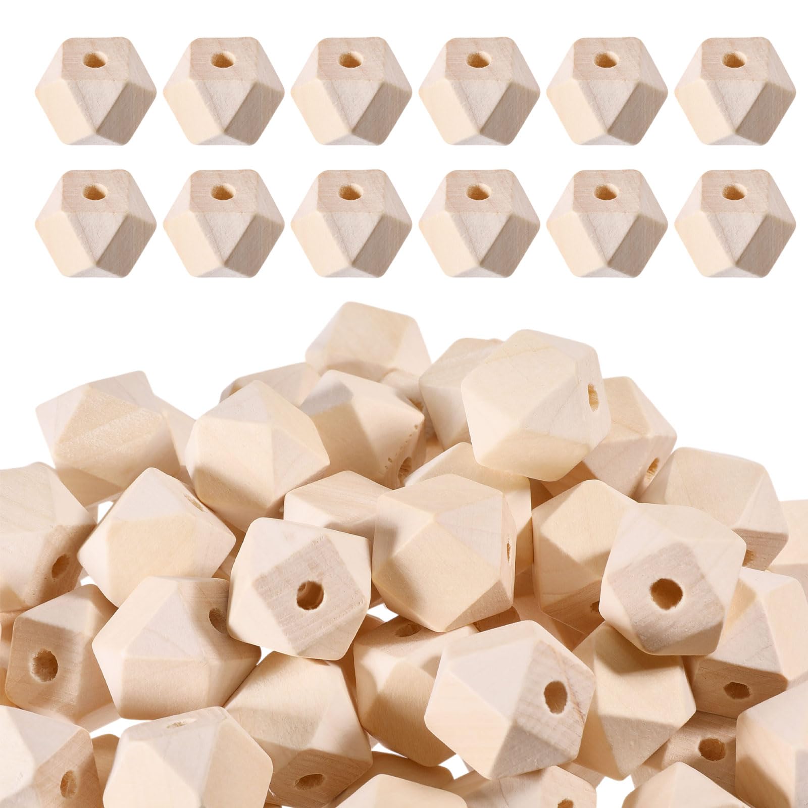 beinkmake 100Pcs Wooden Beads Geometric Shape with Holes 20 mm Unfinished Natural Loose Geometric Polyhedron Beads for Crafts Jewelry Creations DIY Projects