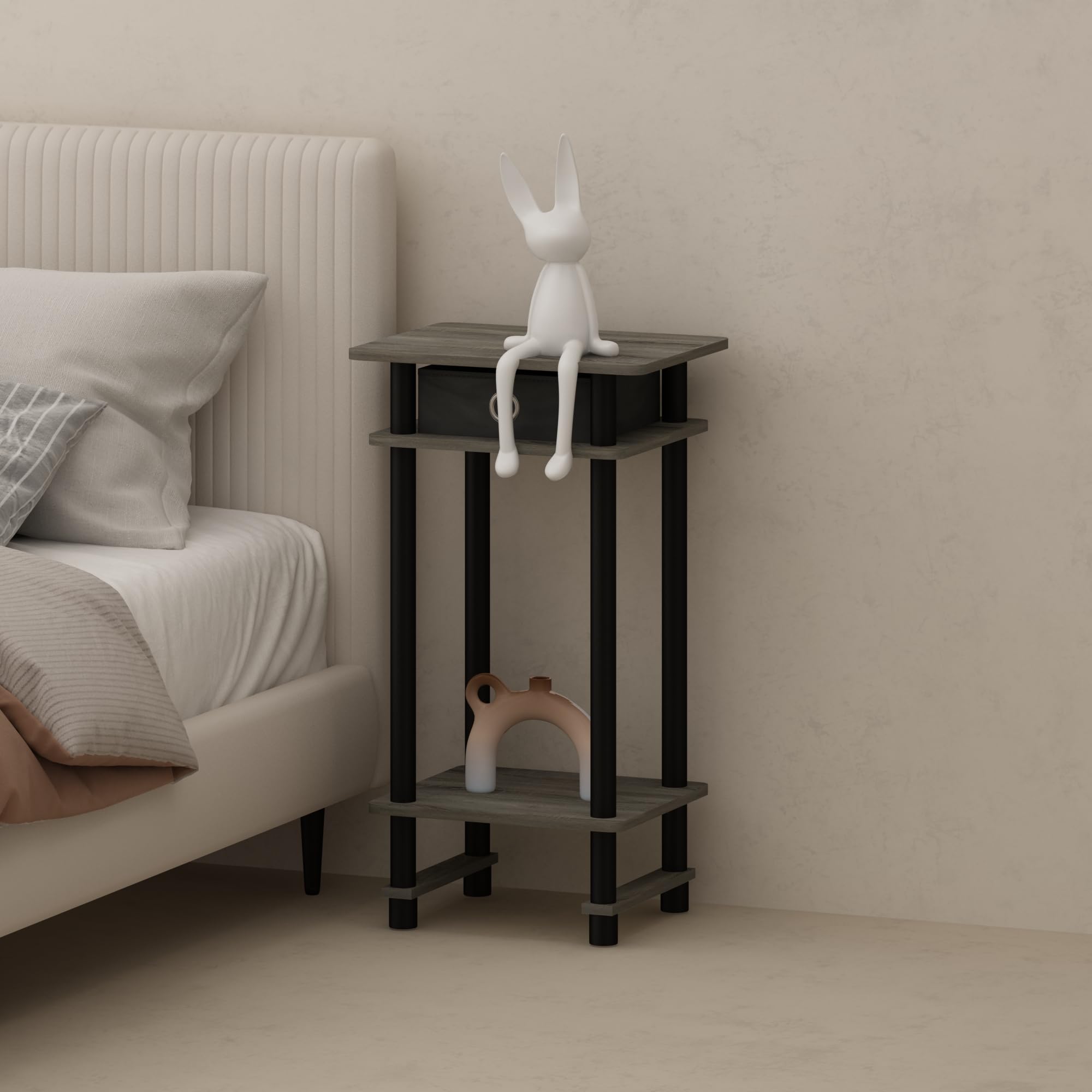 Furinno TURN-N-TUBE Night Stand, 3-Tier Open Shelf Design Nightstand with Storage Bin, Tall Narrow Bedside Table, End Table, Side Table, Toolless Assembly, for Bedroom, Living Room, French Oak