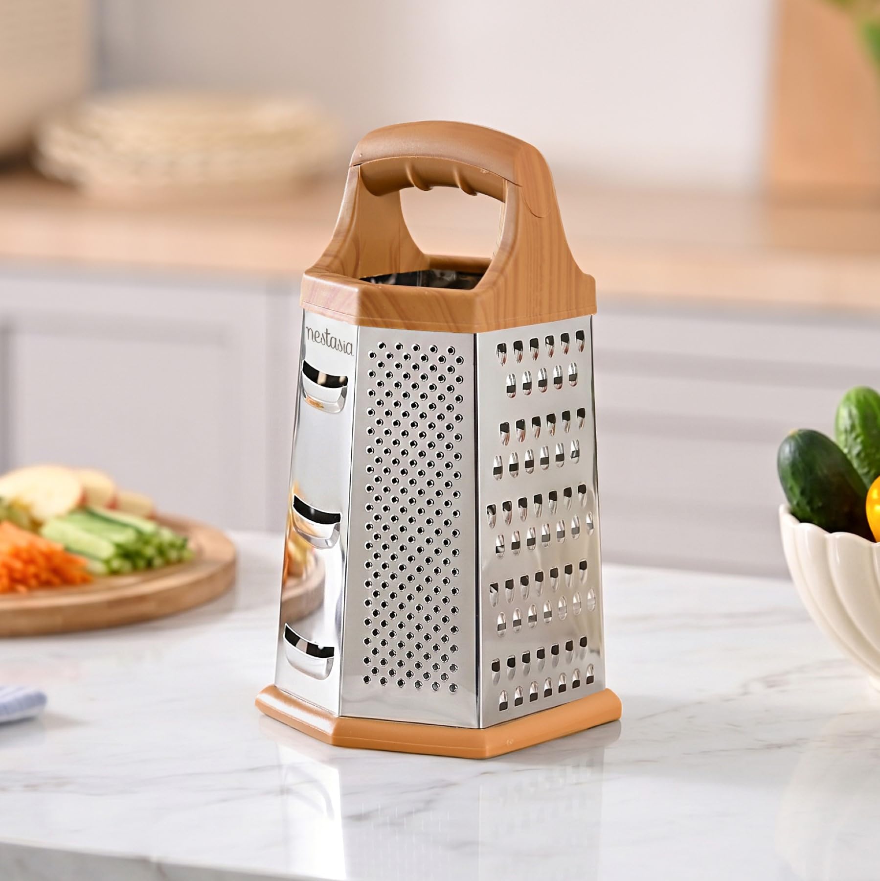 Nestasia 6 in 1 Grater Stainless Steel for Kitchen (8 Inches) - Multipurpose Rust-Resistant 6 Side Vegetable Grater & Slicer | 100% Food Safe & Anti-Slip Base Shredder for Cheese, Carrots & More