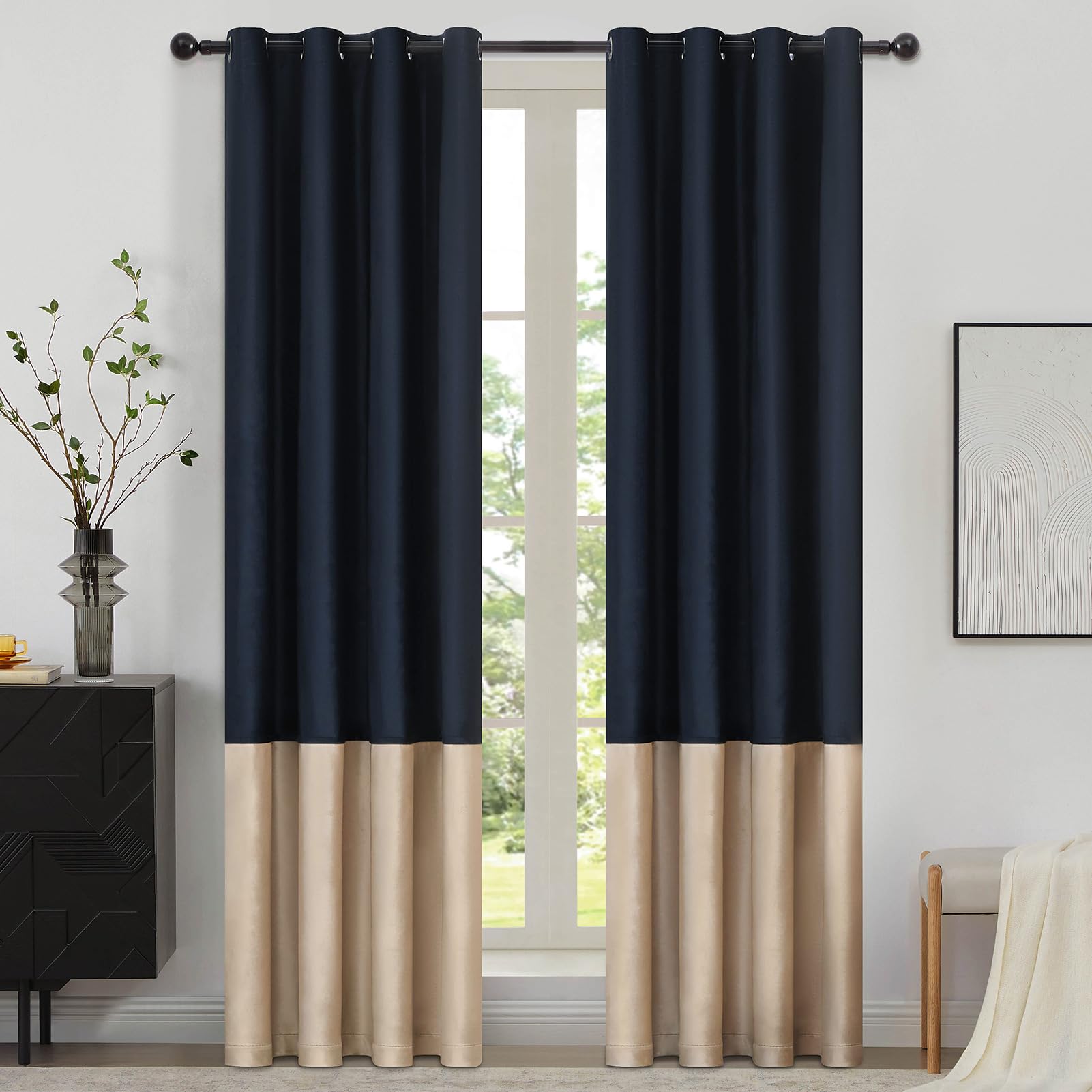 BULBUL Color Block Window Curtains Panels 120 inches Long Navy Blue Champagne Velvet Farmhouse Drapes for Bedroom Living Room Darkening Treatment with Grommet Set of 2 — image 1