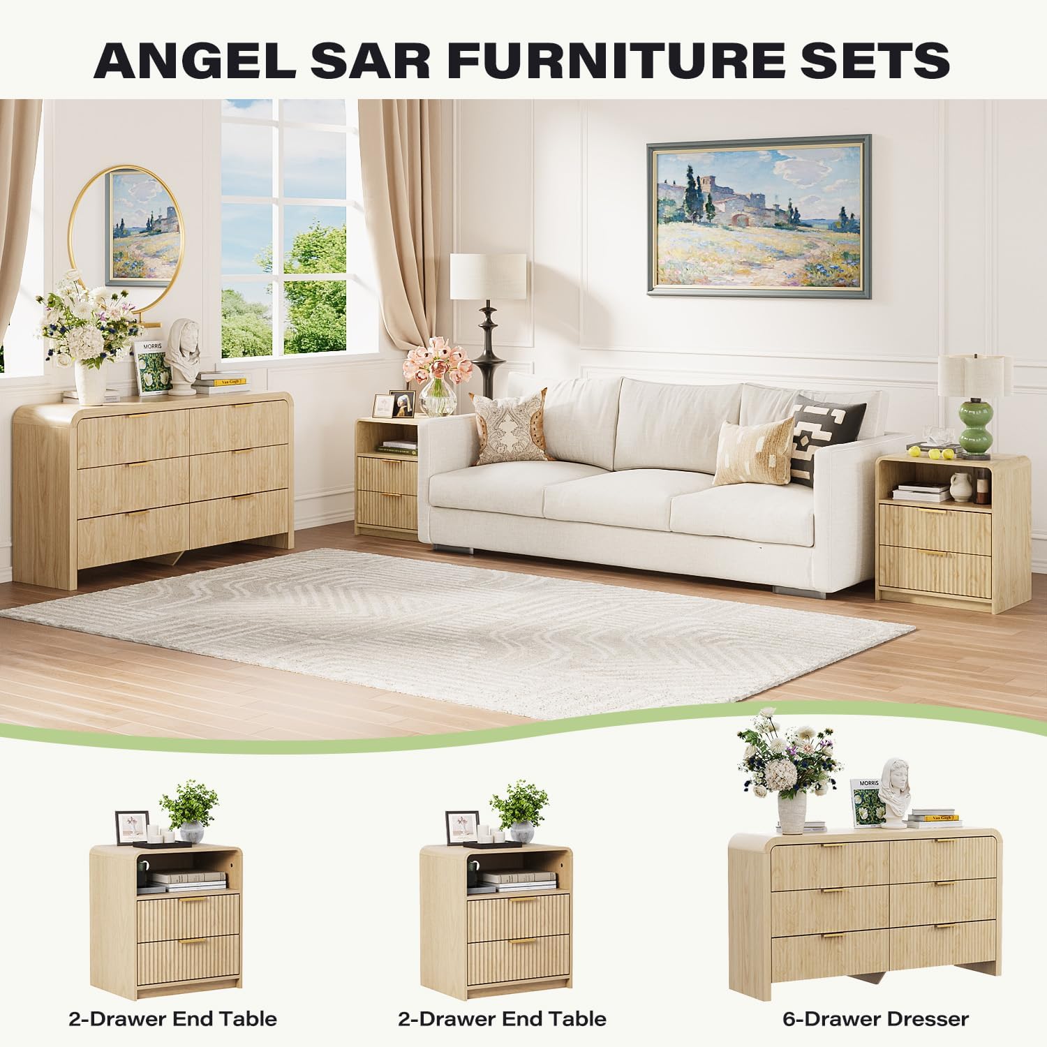Angel Sar 55" Modern Fluted 6 Drawer Dresser for Bedroom, Wooden Bedroom Dresser with Arched Tabletop, Wave Pattern Design & Gold Handles, Closet Chest of Drawers for Clothes Storage, Natural Wood