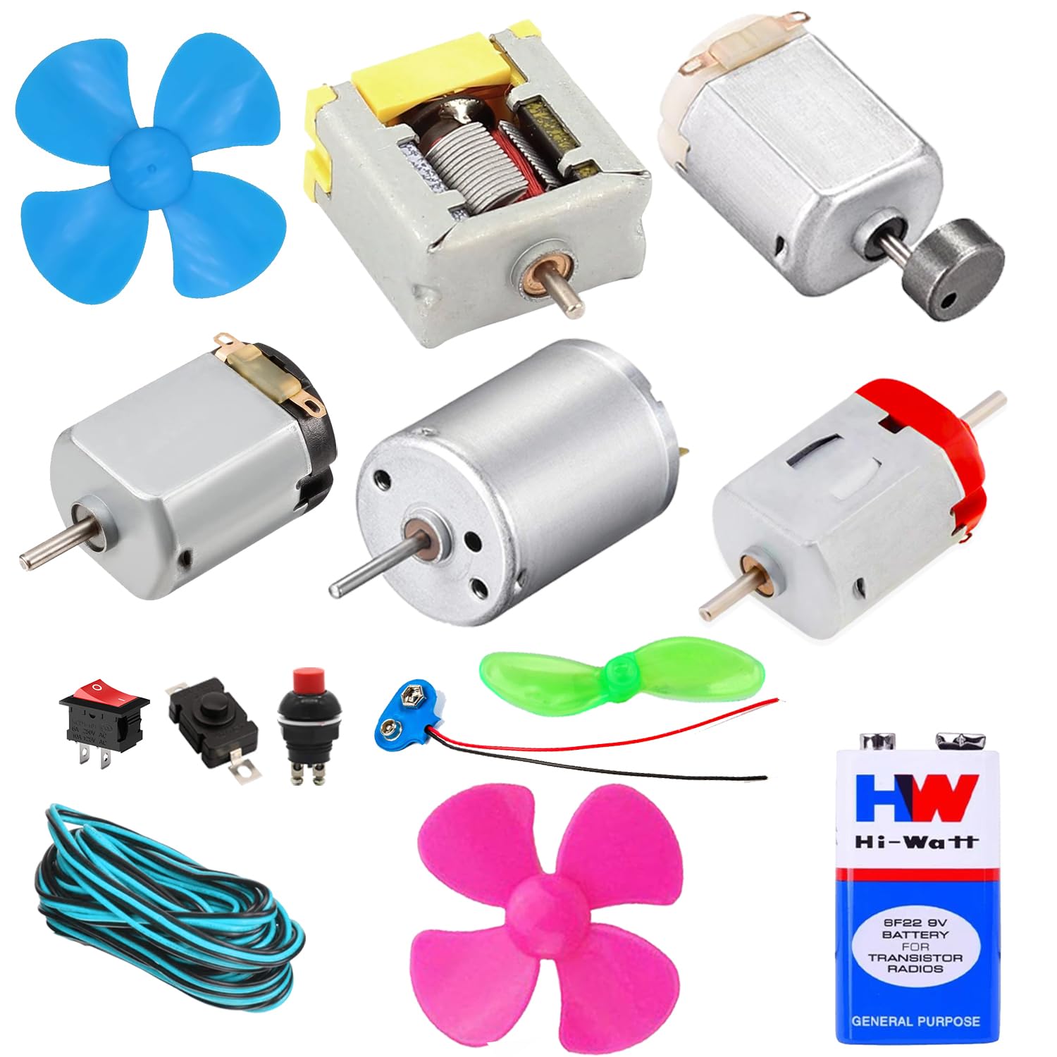 NEXT GEEK Dc Motor Kit Open DC Motor, Vibration motor, Dc Generator motor, Double shaft motor, Toy motor, 3 Type Switch, Wire, 9V Connector, 9v Battery, 3 Types of Fan-image-38