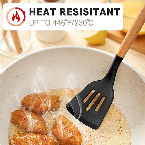 Miniatura 5 de Juego de utensilios de cocina de silicona, 22 piezas de utensilios de cocina de silicona con mango de madera, sin BPA, espátulas de revestimiento