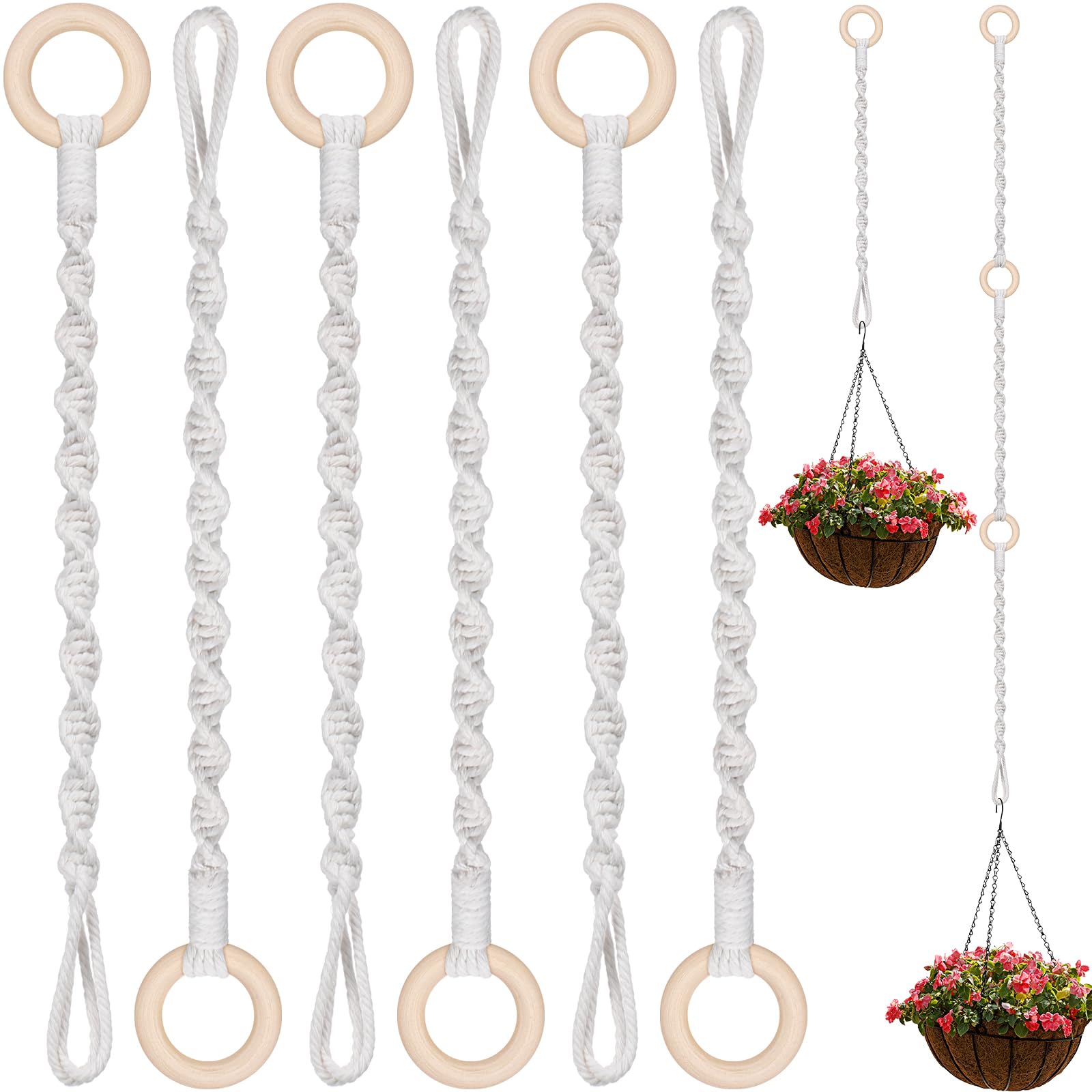 Vincreem 6 Pack Adjustable Macrame Plant Hanger Extender Handmade Woven Hanging Basket Extenders Connectable Rope Hanging Extension with Wooden Ring