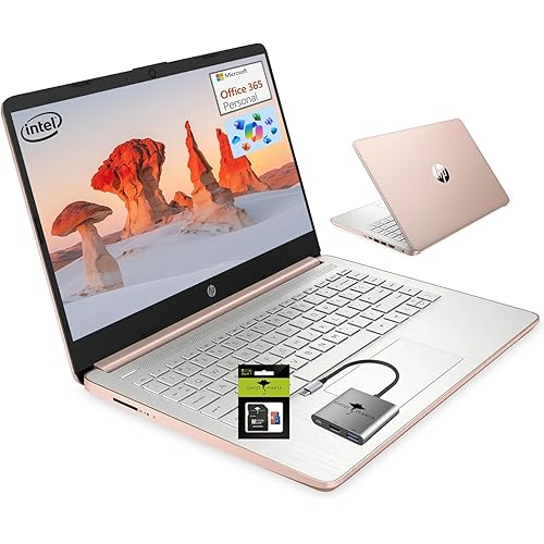 HP 14 Student-Laptop Back to School, Quad-Core Processor (Up to 3.6GHz) 16GB RAM 256GB Storage(128GB UFS + 128GB SD Card) Laptops for Student with 1-Year Office 365 Copilot AI Win11, Rose Gold