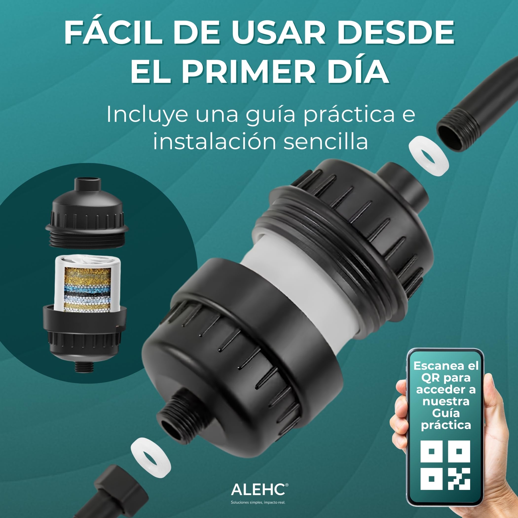 Filtro de Ducha Anticloro Negro Mate para Piel y Cabello, Filtro Agua Ducha para Agua Dura, Reduce Cloro y Cal, Agua Más Suave, Incluye Tiras Test Orientativas, Cartucho de Repuesto