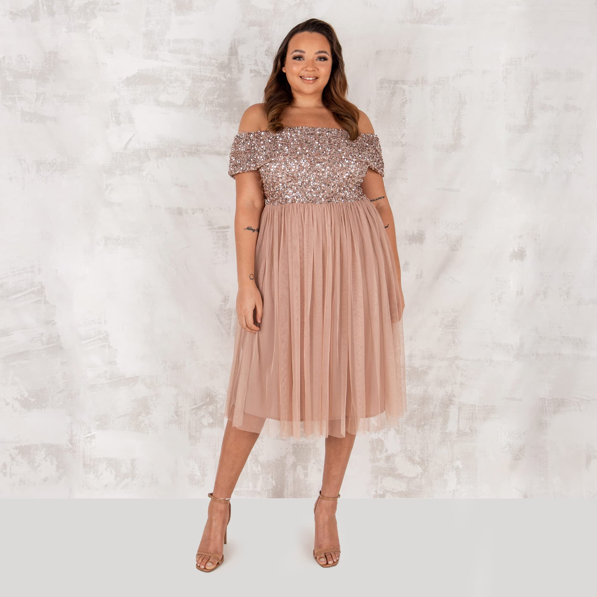 Maya Deluxe Women's Ladies Bardot Dresses Midi High Empire Waist Sequins Embellished Formal Evening for Wedding Guest Bridesmaid