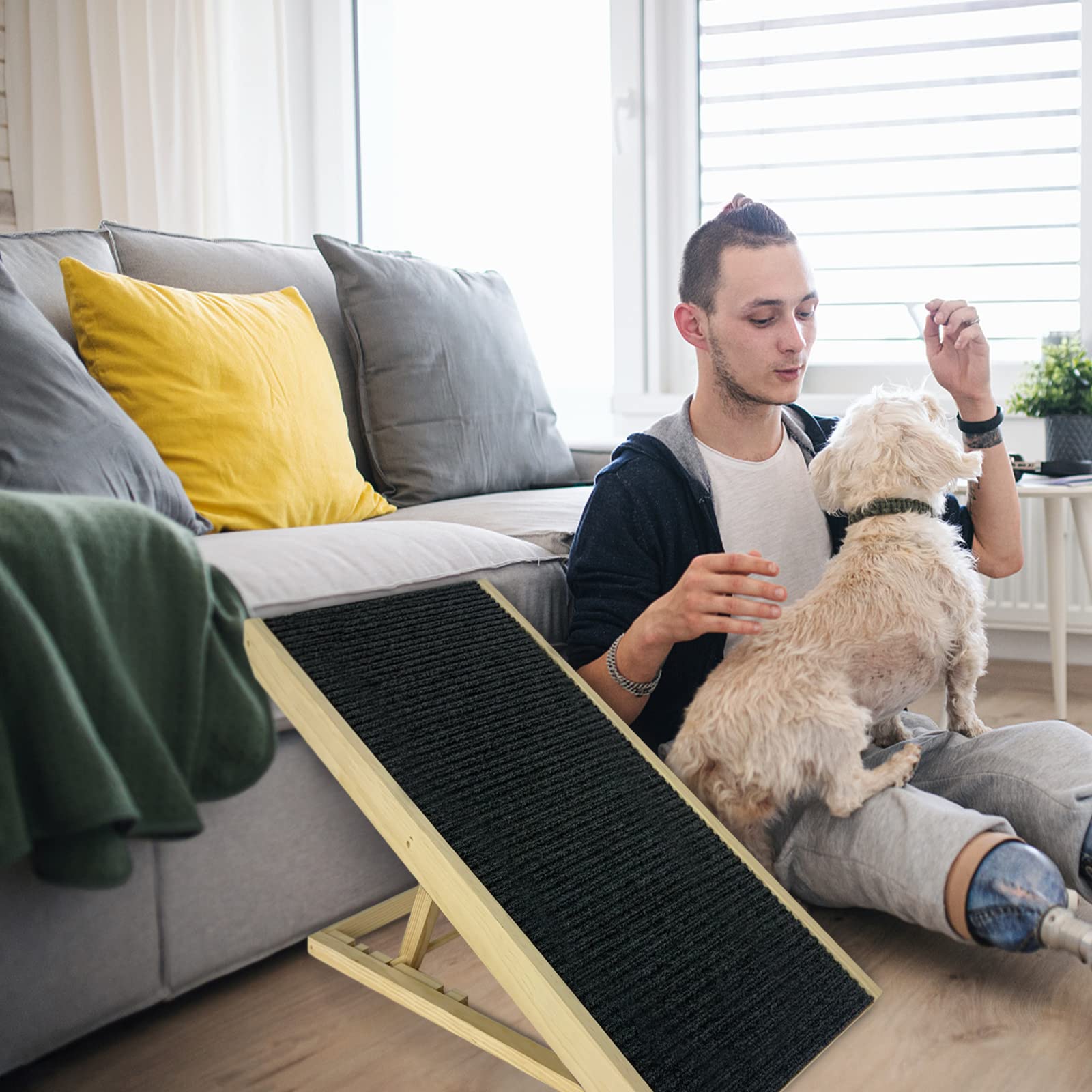 Froadp Scaletta per Cani di Piccola Taglia Rampa per Cani in Legno di Pino con Tappeto Antiscivolo Scale Pieghevoli per Gatti Regolabile in Altezza Animali Domestici Scala per Letto o Divano