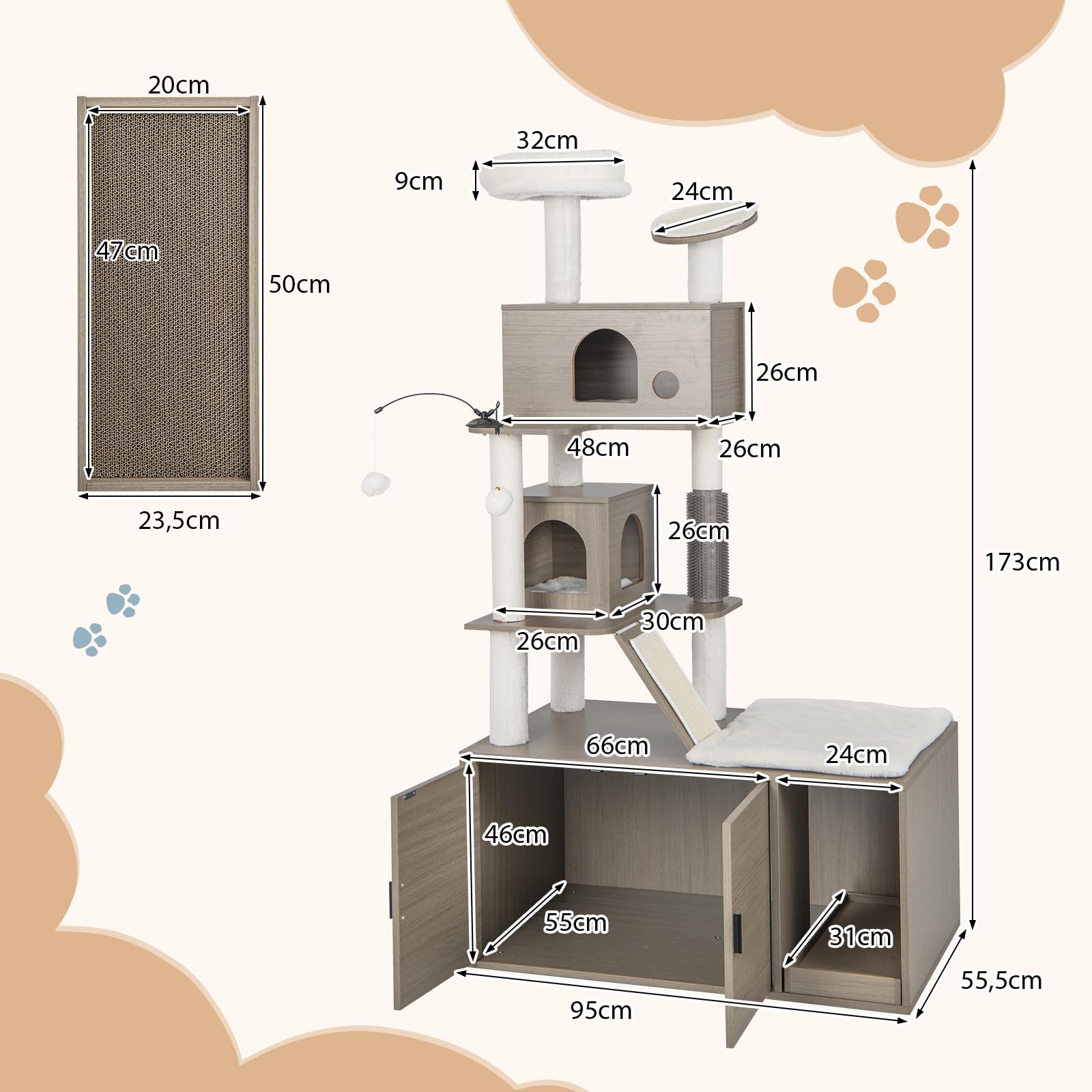 COSTWAY Kratzbaum mit Katzenschrank, Katzenbaum mit 2 Höhlen & Kratzbrett & Eingang & Spielball & Kissen & Rampe, All-in-One Katzenhaus, Katzenkratzbaum Groß, Katzenmöbel Katzen, 95x55,5x173cm, Grau