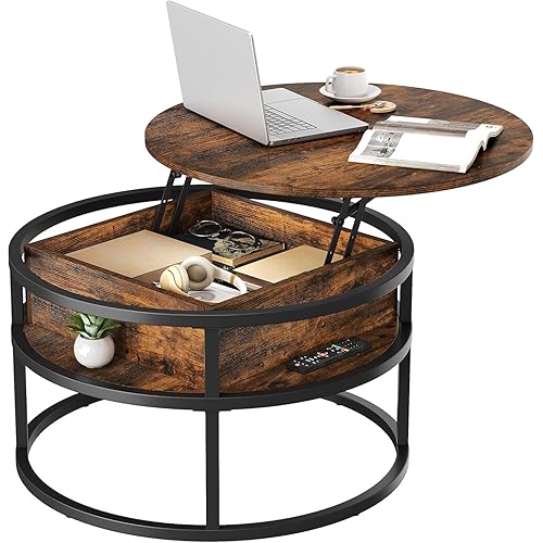 YITAHOME Round Lift Top Coffee Table with Storage, Coffee Tables for Living Room with Hidden Storage Compartment, Modern Coffee Table for Home Office, Wood Center Tables Living Room, Rustic Brown