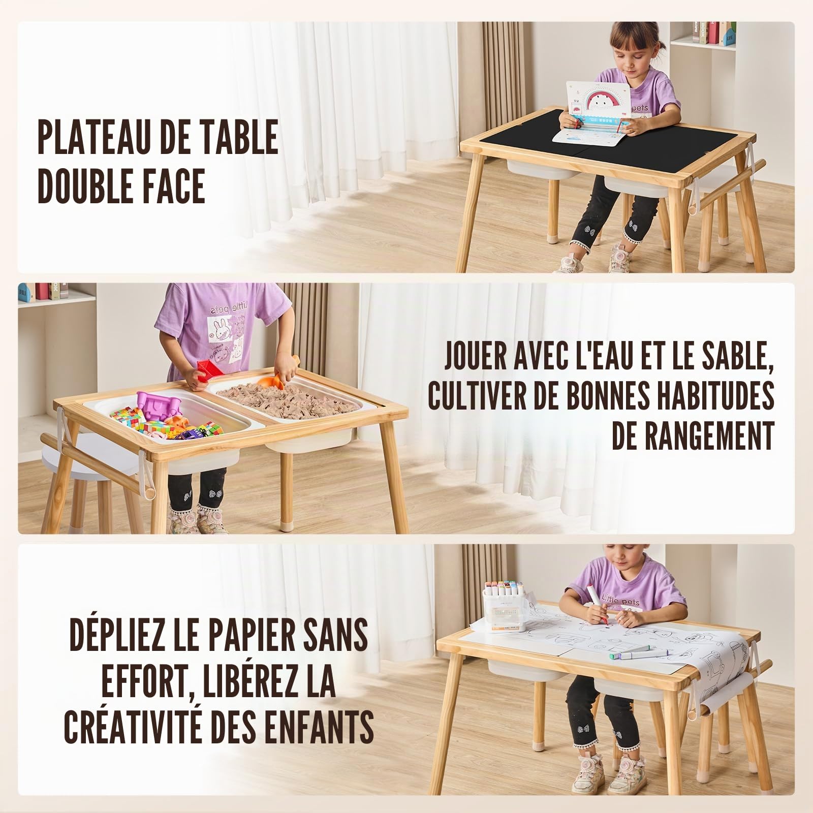 VEVOR Table d'Activités pour Enfants, Table d'Exploration Sensorielle avec 3 Bacs de Rangement et 1 Porte-Papier, Table d’Eau et de Sable en Bois, Intérieure/Extérieure, pour Dessiner et Étudier
