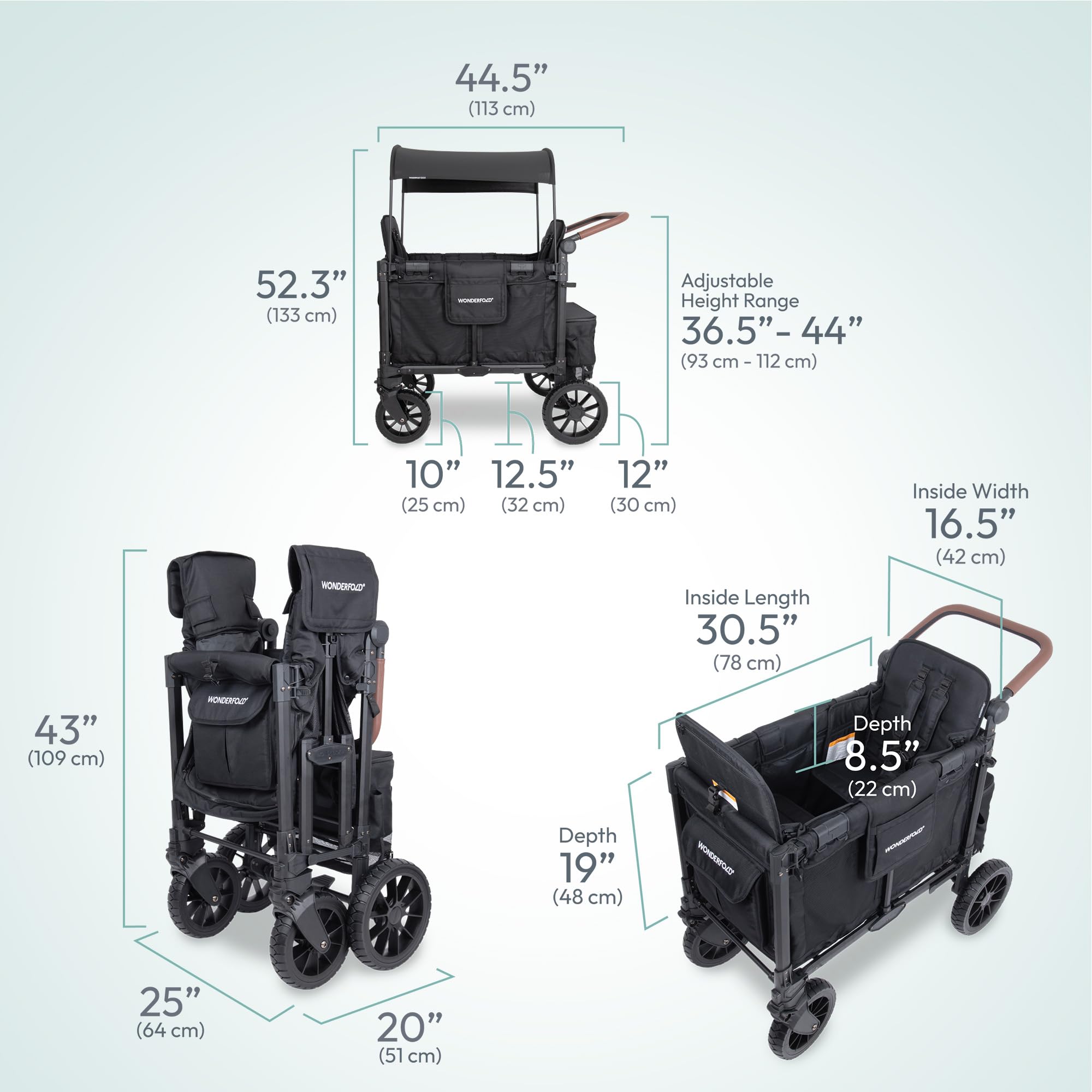 WONDERFOLD W2 Luxe Pro Passeggino (2 posti) – Passeggino pieghevole con sedili con cinture di sicurezza a 5 punti e tettuccio parasole regolabile, nero corvino