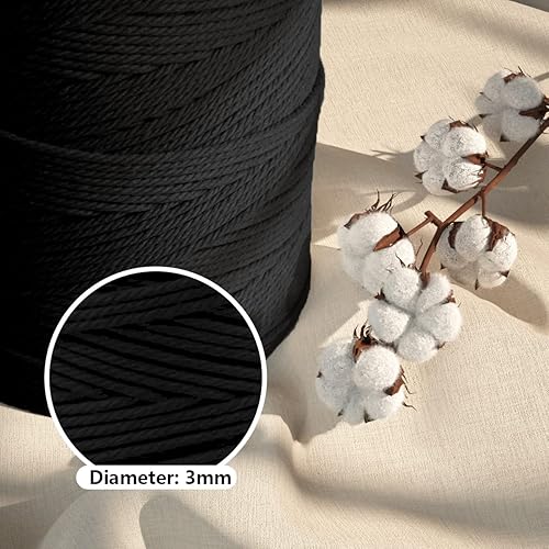 Miniatura 3 de ZUEXT - Cordón de algodón de macramé de 0.118 in x 547 yardas, cuerda trenzada negra natural hecha a mano, 4 hebras, cuerda de punto para colgar en