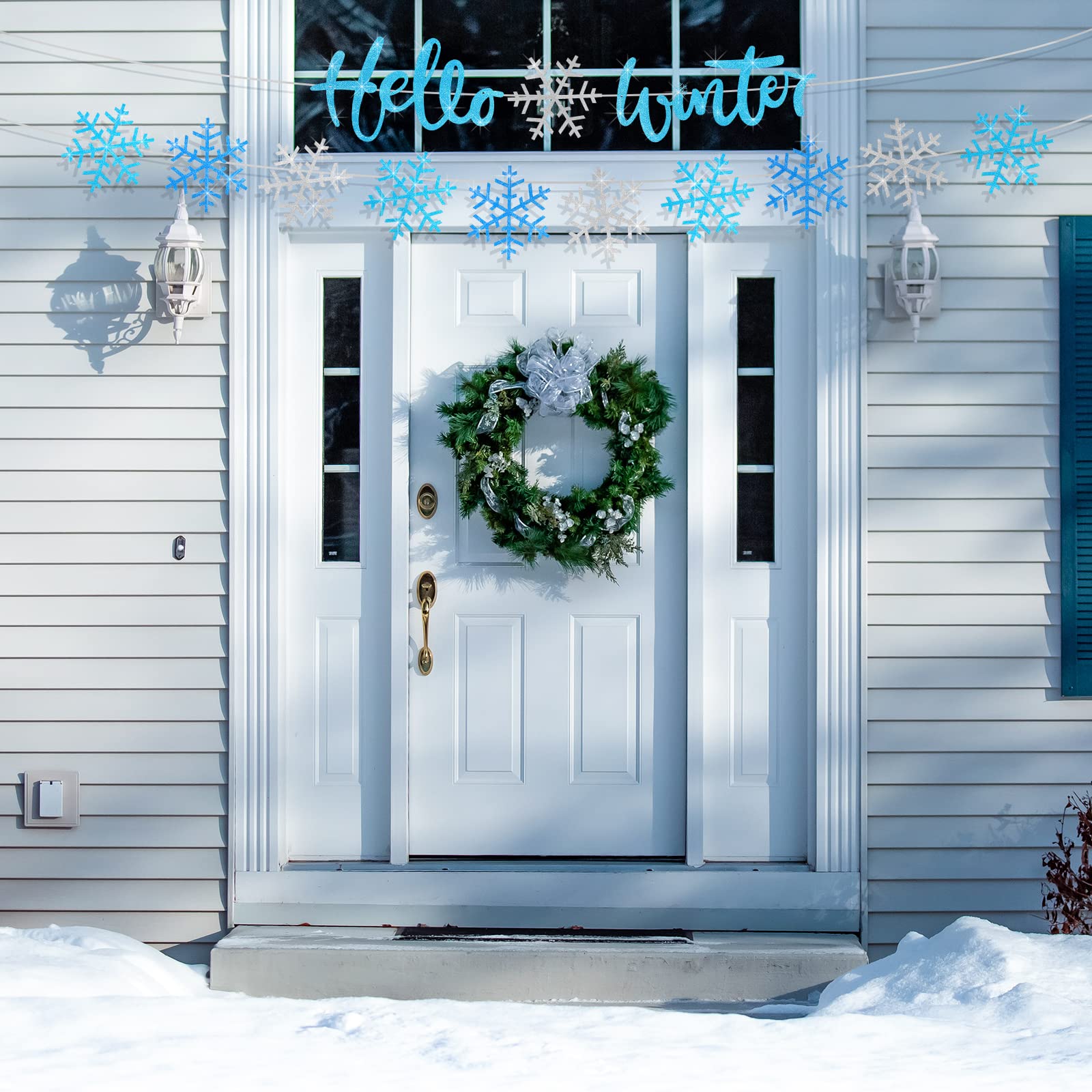 Amylove 2 Pcs Hello Winter Banner 9.8 Feet Winter Decorations Snowflake Garland Banner Glittery White and Blue Party Decorations for Wonderland Baby Shower - Image 4