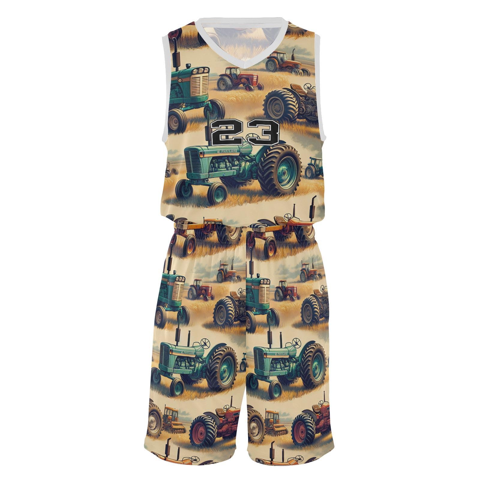 FLildon Vintage Farm Tractors Boys Basketball Jersey Set Tank Top Shorts Tracksuit Sport Training Suit for Kids, XL