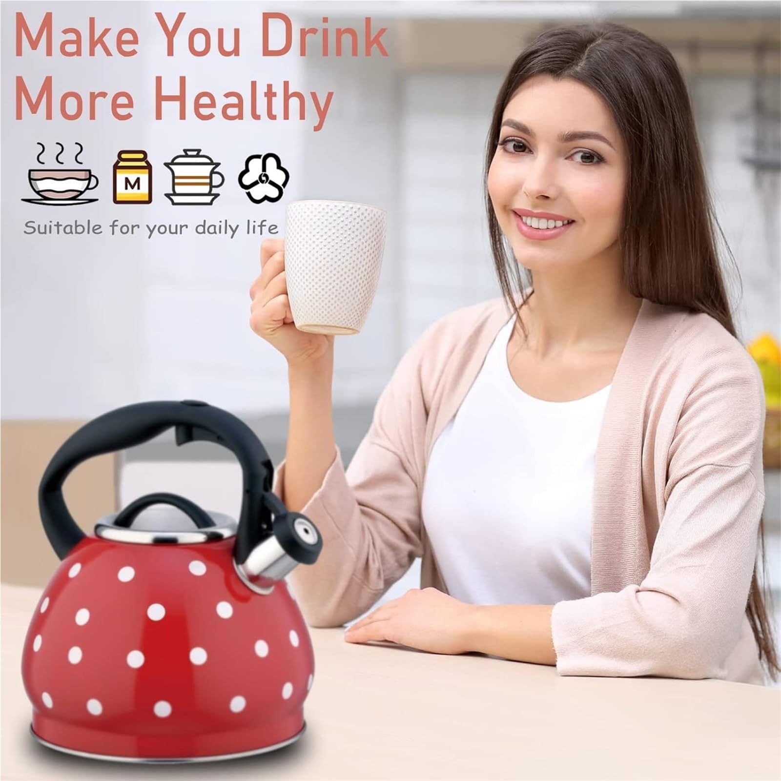 Czajnik do herbaty w stylu vintage, czerwono-biały, w kropki, wysokiej jakości, ze stali nierdzewnej, do kuchenek indukcyjnych i gazowych, 3 l, czarny
