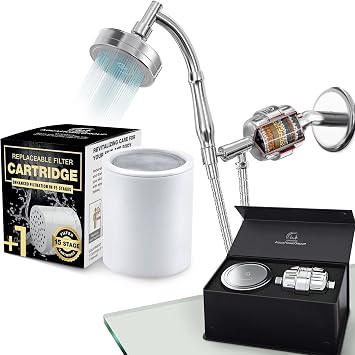 AquaHomeGroup Handheld Shower Head with Filter - 20 Stage Filtration Shower Filter for Hard Water - Vitamin C E and A and single filter cartridge bundle