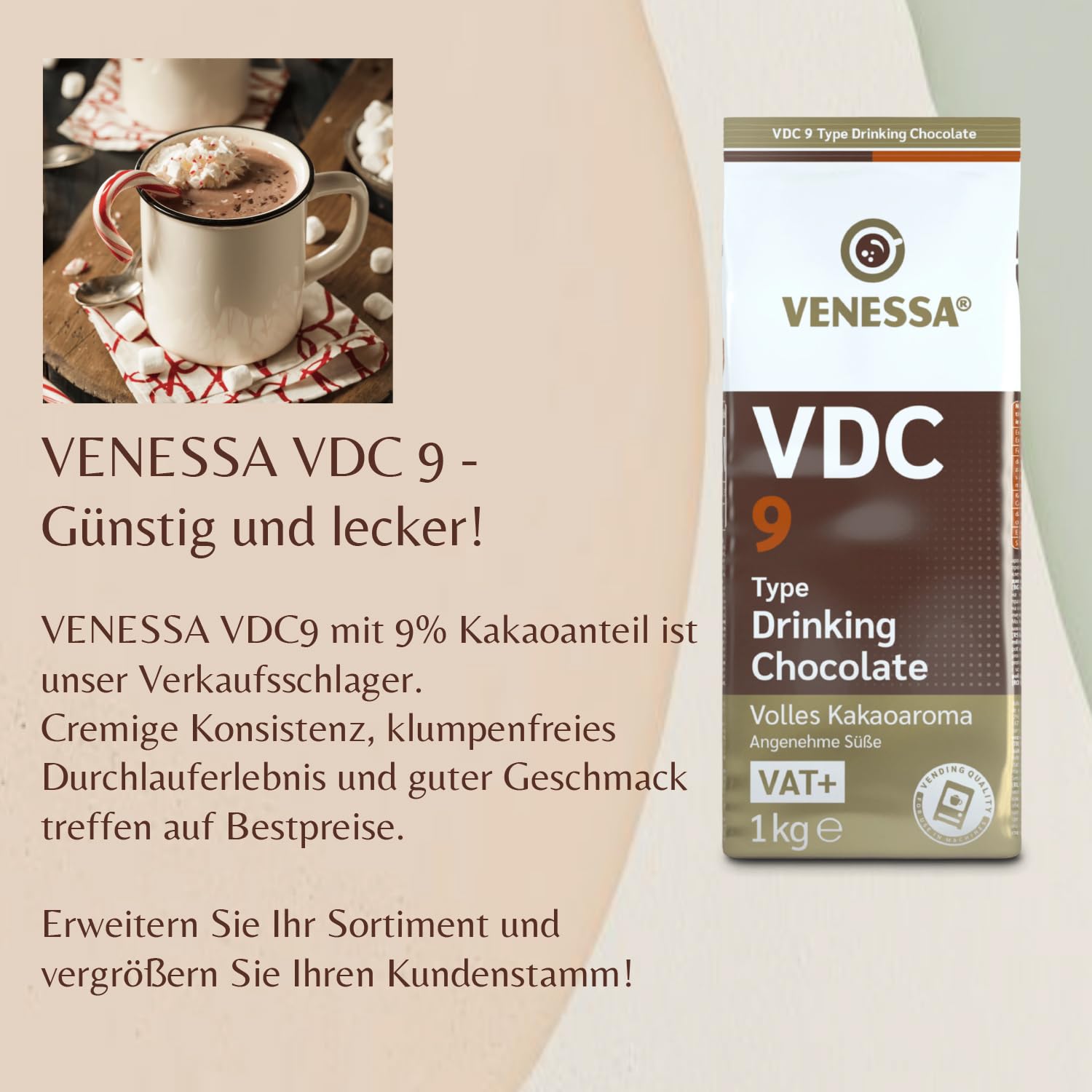 VENESSA VDC9 czekolada do picia 2 x 1 kg – opakowanie próbne – kakao w proszku z 9% kakao premium i zawartością mleka do automatu do gorących napojów – rozpuszczalna, lekko słodka, kremowa