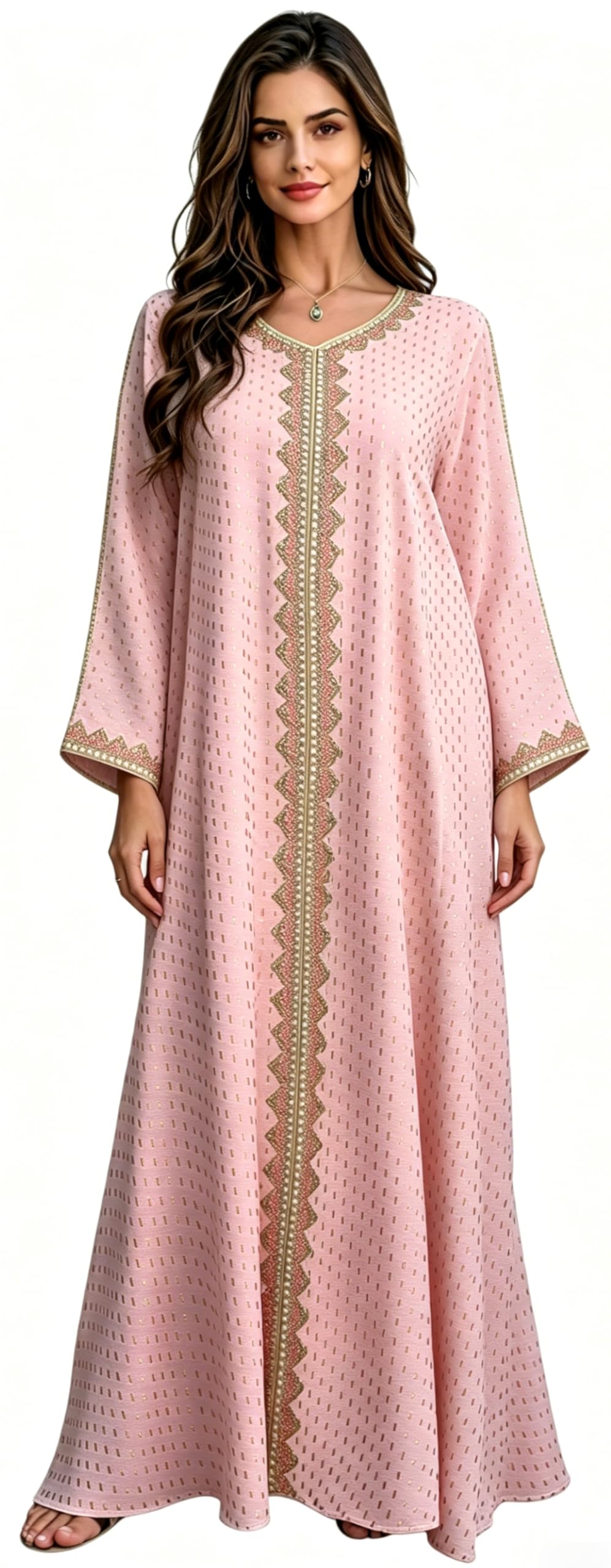 Women Muslim Abaya Dress V Neck Embroidered Kaftan Long Sleeve Loose Islamic Maxi Prayer Robe for Ramadan Eid
