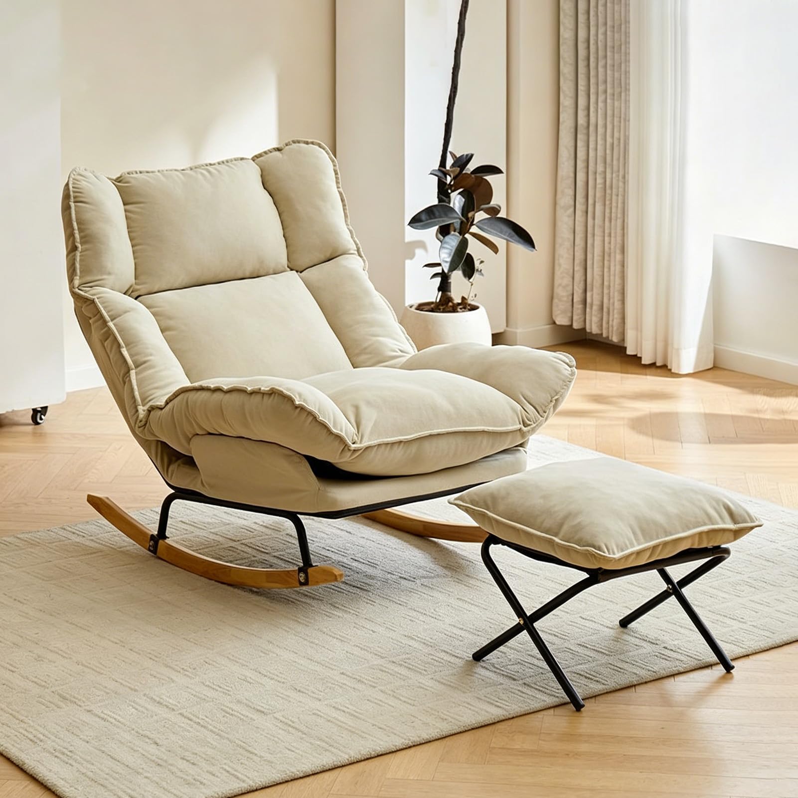 Oversized Adult Rocking Chair with Footrest, 6-Position Reclining Backrest, Suede Fabric, Rubber Wood Base and Carbon Steel Frame, Anti Tip Design for Bedroom Living Room Office Patio (Beige)