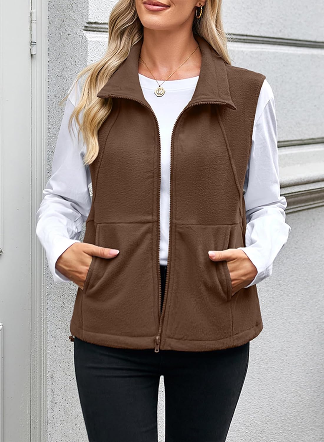Dokotoo Women's Full Zip Polar Fleece Vest Warm Winter Sleeveless Cardigan Lapel Collar Sherpa Coat Outerwear with Pocket - Image 3