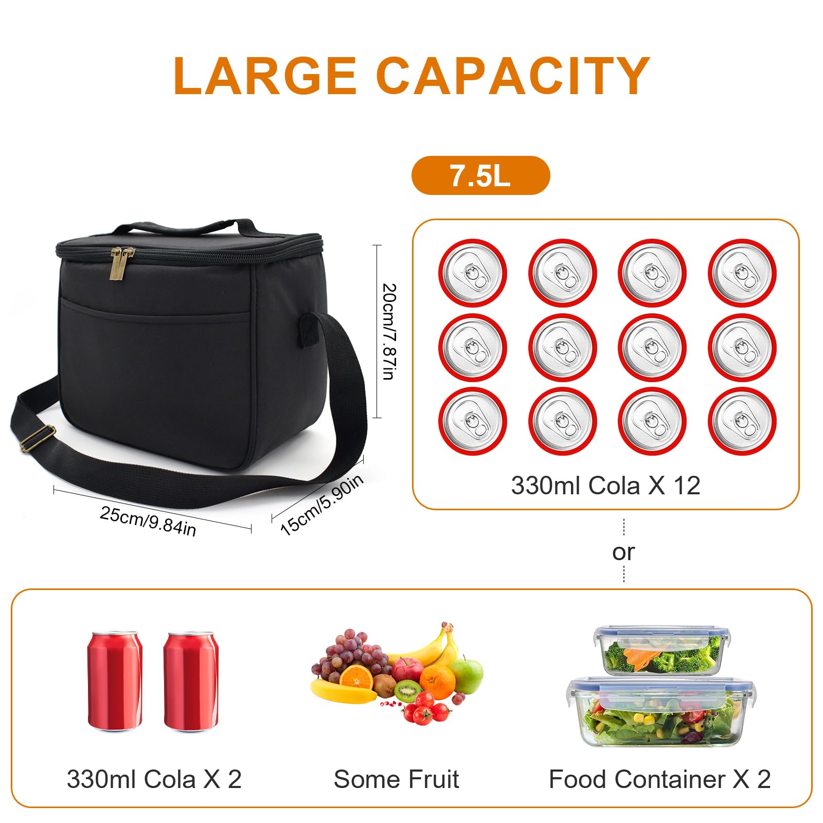 Nanxson Insulated Lunch Bag for Women Men Floral Cool Bag Lunch Box Waterproof Large Capacity Tote Bag for Picnics Work School (7.5L,B-Black) - Image 2