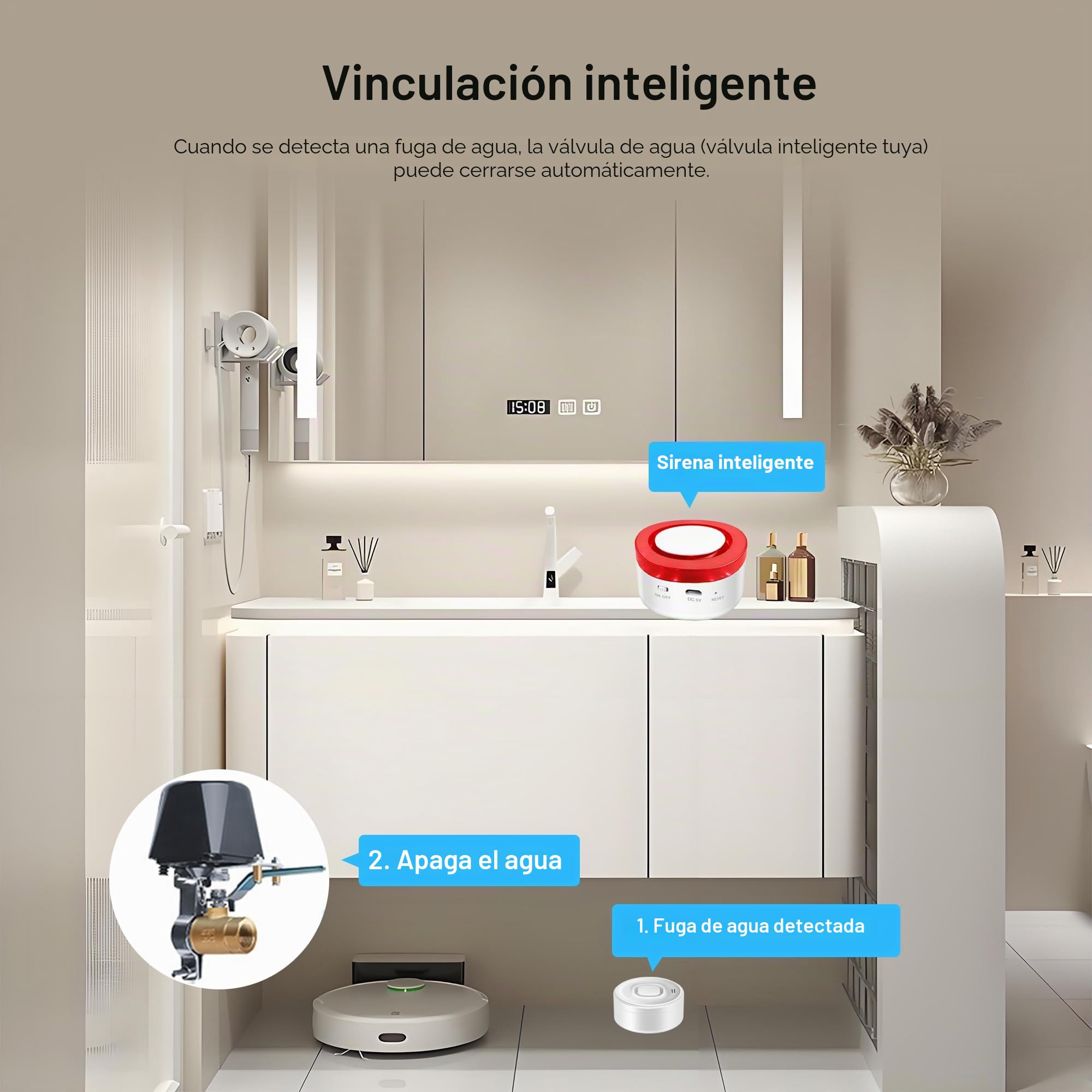 Detector de Fugas de Agua WiFi: Alarma Inteligente con Sensor de Agua, Alarma Ajustable de 100 dB y notificaciones de Aplicaciones para cocinas, sótanos, baños, 3 detectores y 1 estación Base